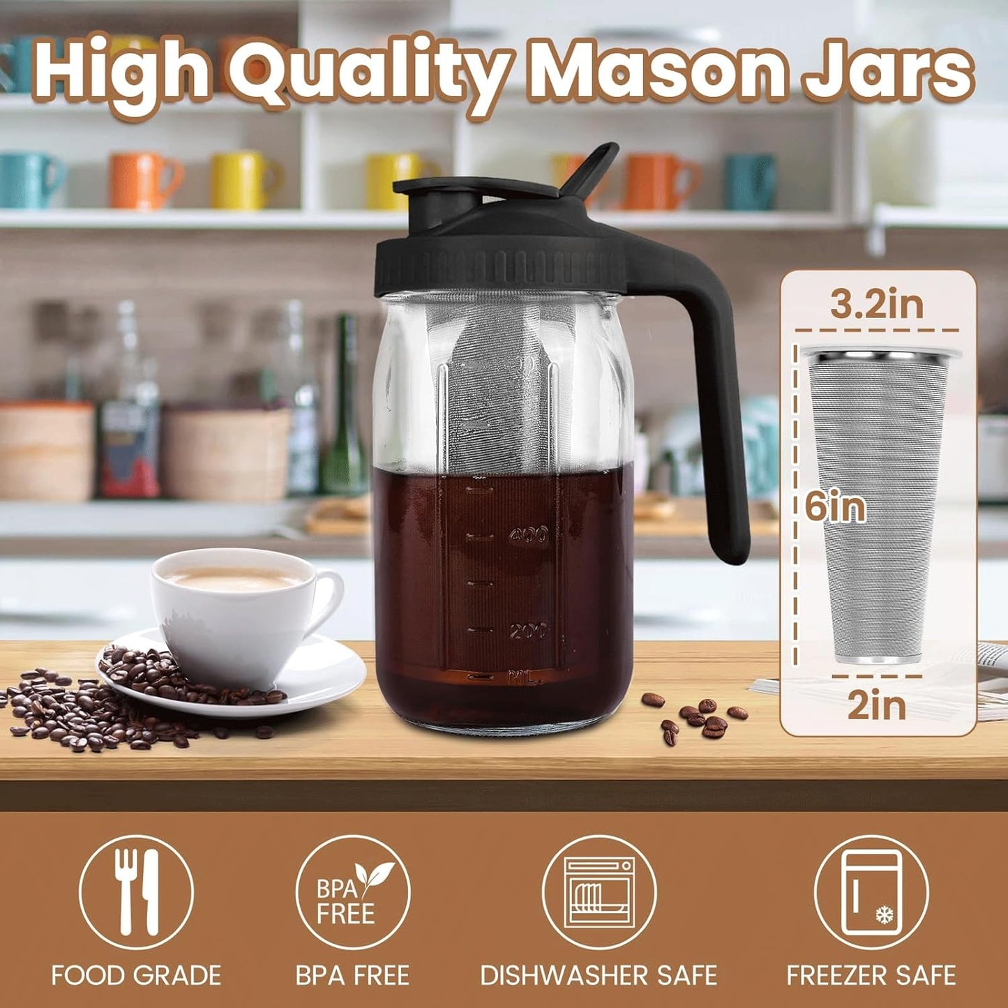 Cold Brew Coffee Maker,32 Oz Mason Jar Pitcher with Stainless Steel Filter, Pour Spout Handle Lid, Heavy Duty Glass Airtight & Leak-Proof Pitcher for iced coffee Tea Lemonade-Black