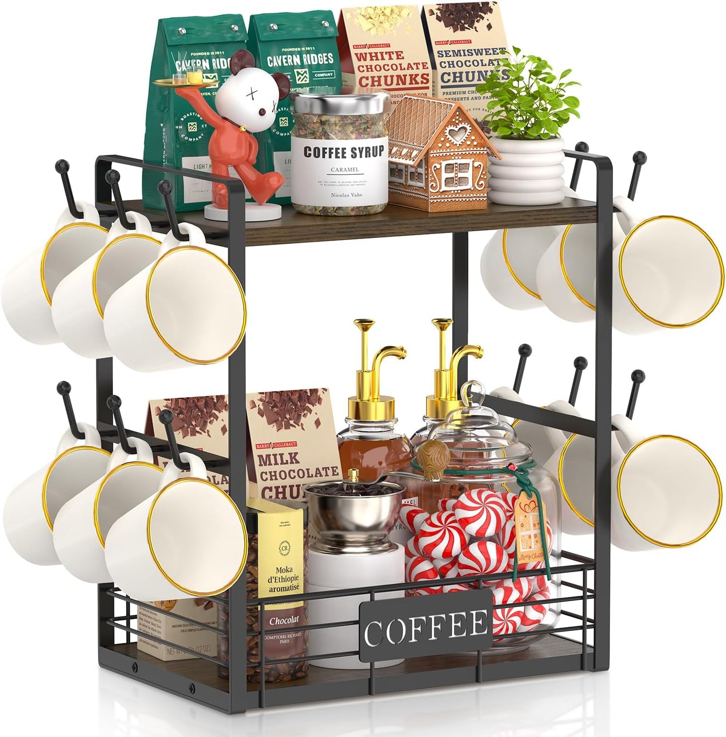 EsLuker.ly Coffee Mug Cup Holder Tree Bar Station Organizer, 2 Tier Mug Stand Rack for Countertop Kitchen, Storage Tower Display Shelf with 12 Hooks, Coffee Nook Enhancer, Brown-Black