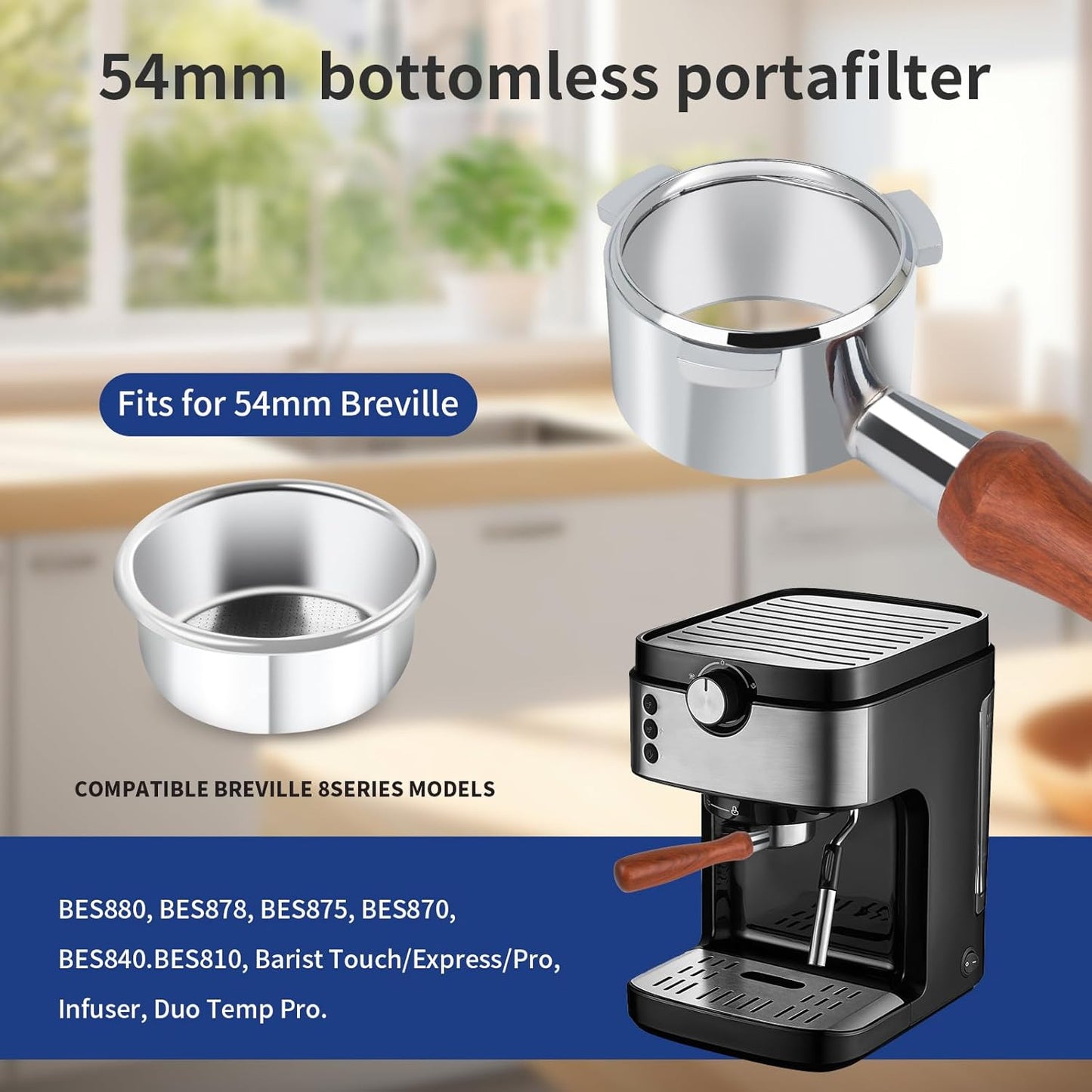 54mm Bottomless Portafilter with Stainless Steel Filter Holder & Basket - 3-Ear Espresso Filter for Breville Barista Express (BES870/878/875/840/Duo-Temp Pro) - Durable Solid Wood Handle –by Aeglemana