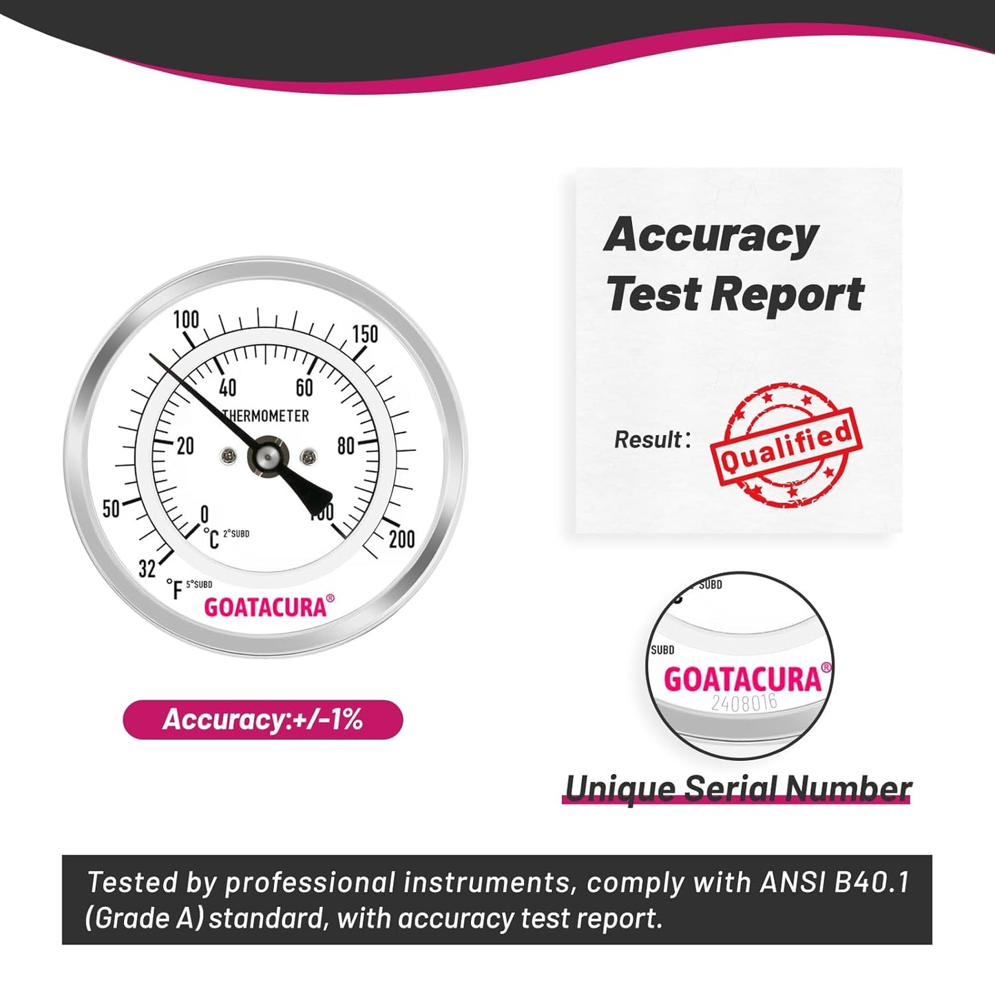 Dial Thermometer for Brewing, 304 Stainless Steel Case and Probe, 3" Dial Size, 2" Stem Length, 32-212 Deg F/0-100 Deg C, 1/2" NPT Back Mount