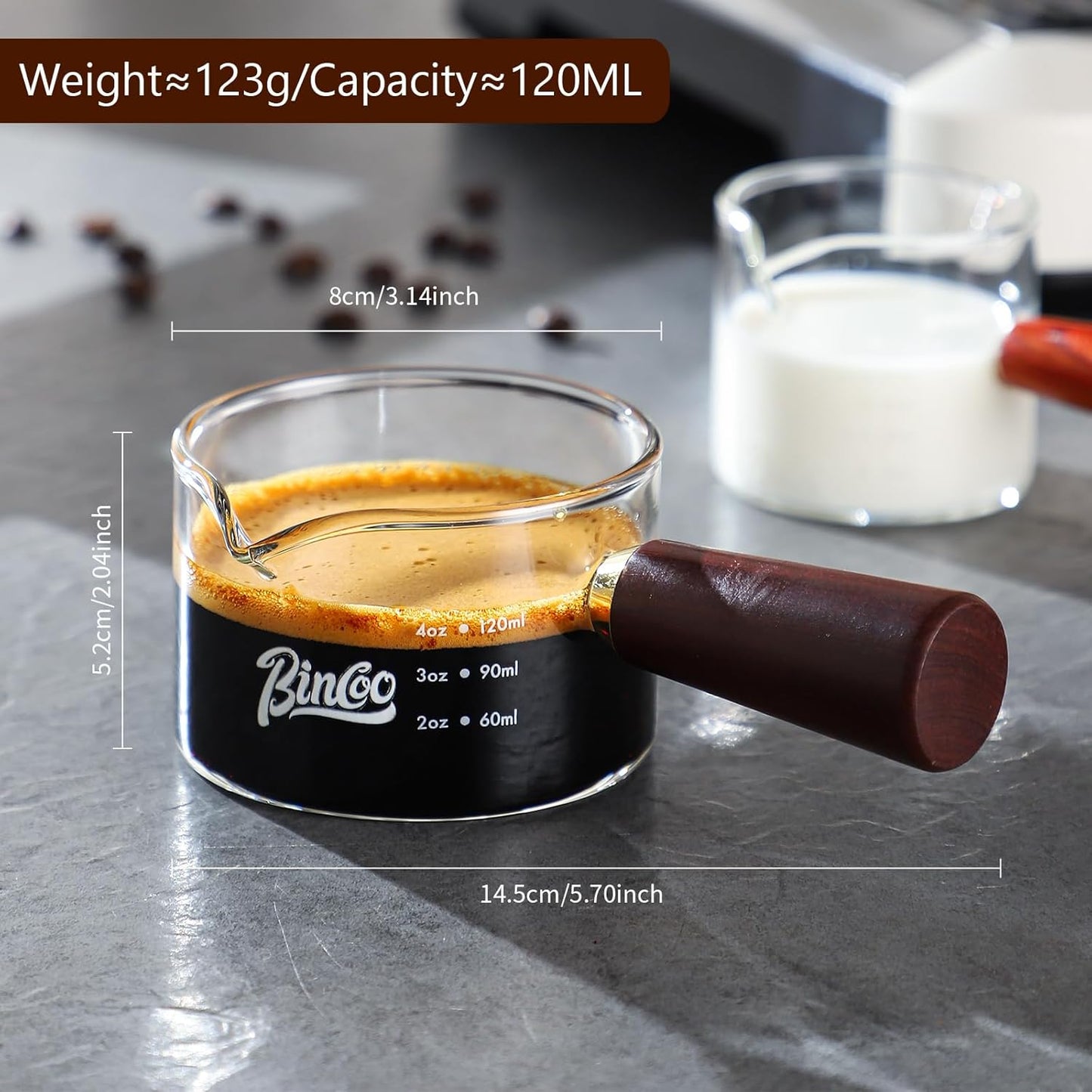 Espresso Shot Glasses with Wood Handle, 120ml Glass Coffee Bean Dosing Cup with Spout,Clear Espresso Measuring Cup Glass for Barista Coffee Measure (Single Spout)