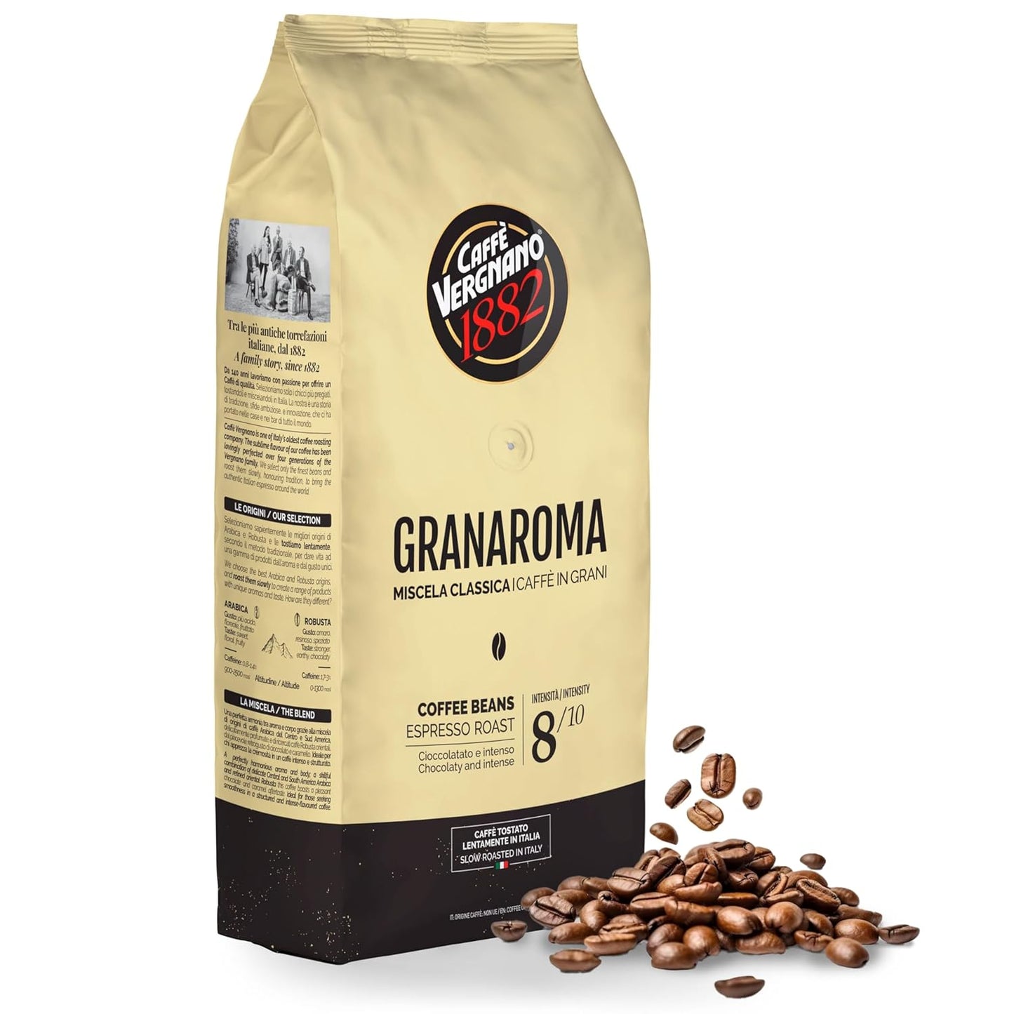 Caffe Vergnano 1882 Gran Aroma Whole Bean Arabica Medium Espresso Roast Coffee, 2.2lbs Bag - Italian Coffee Beans with Rich notes of Cocoa, Spices & Dried Fruit, Intensity 8/10-1000g Bag