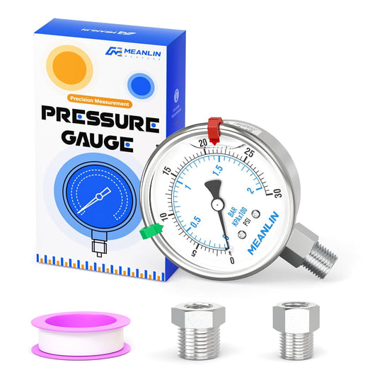 MEANLIN MEASURE 0~30Psi Stainless Steel Liquid Filled Pressure Gauge 2.5" FACE DIAL 1/4" NPT for Pool Sand Filter Water Oil Air Pressure Test Lower Mount with Stainless Steel Hex Bushing and Snaps