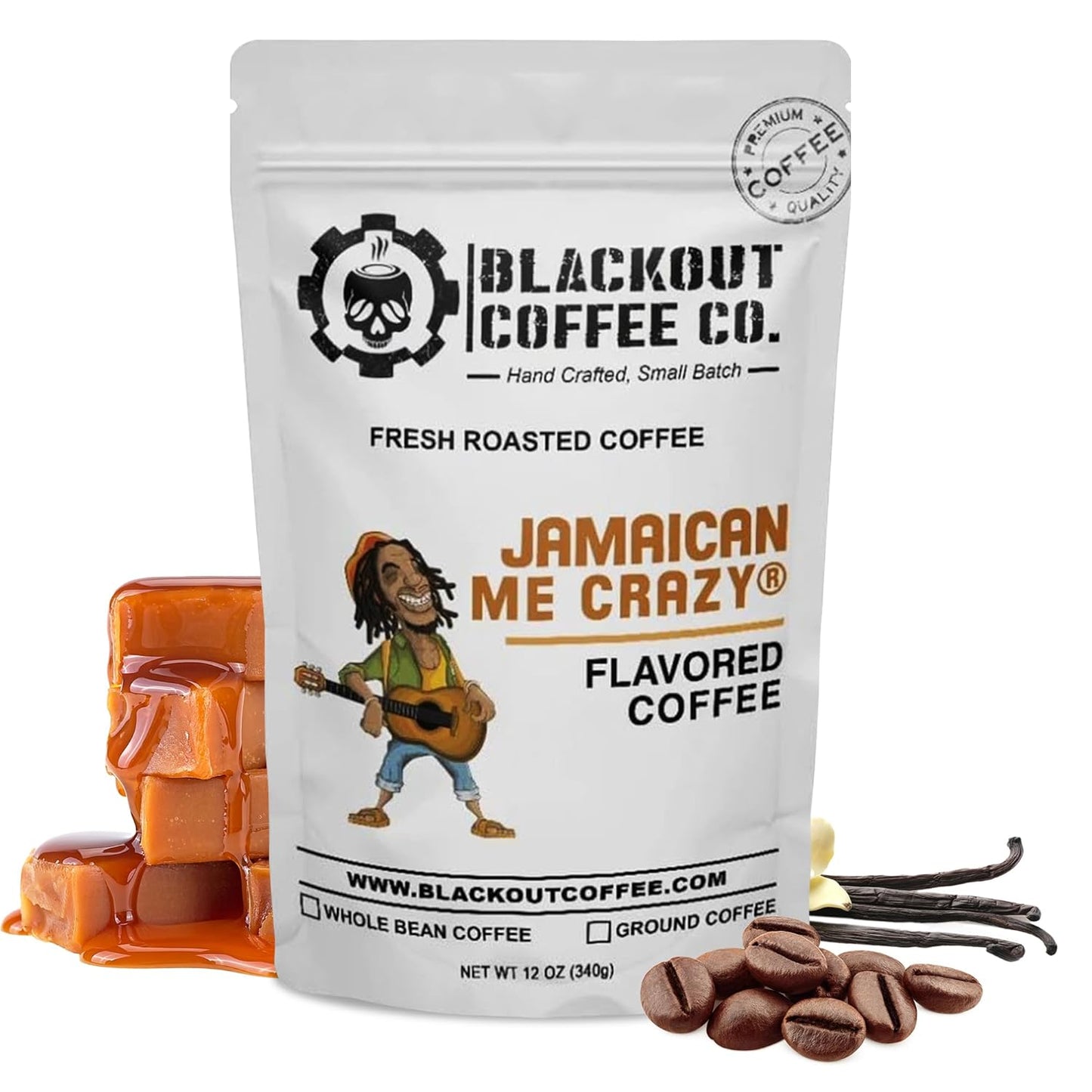 Blackout Coffee Jamaican Me Crazy Flavored Medium Roast - Freshly Roasted in the USA - 12 oz Ground Coffee Pouch