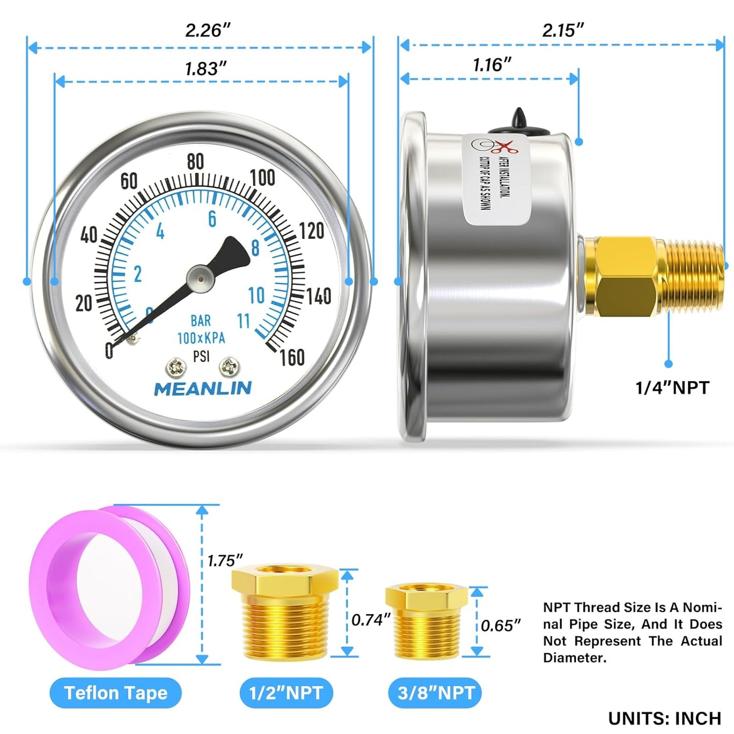 MEANLIN MEASURE 0~160Psi Dry Pressure Gauge Stainless Steel 1/4" NPT 2" FACE DIAL Waterproof for Air Compressor RV Regulator Water Pressure Tester Black Mount, with 1/2" NPT and 3/8" NPT Hex Bushing
