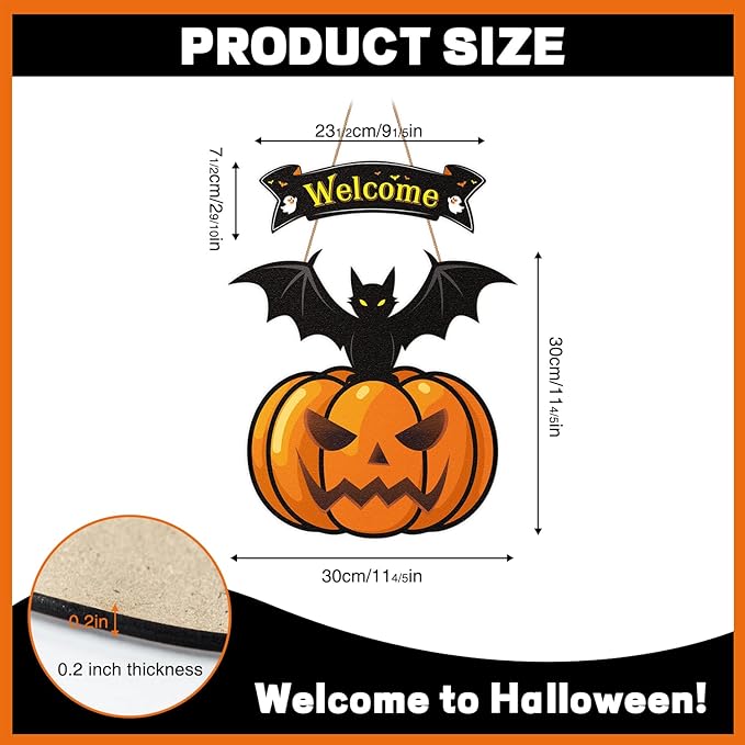 Halloween Door Wreath,Halloween Wall Decorations Wooden Black Bats Pumpkin Halloween Wreaths for Front Door, Halloween Door Decorations Indoor Outdoor Sign
