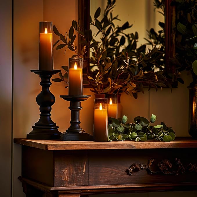 Homemory Decorative Flameless Candles, Battery Operated Candles with Remote & Timer, Flickering Led Pillar Candles, Plexiglass, Grey, Pack of 9, D2.2 xH 5" 6" 7"