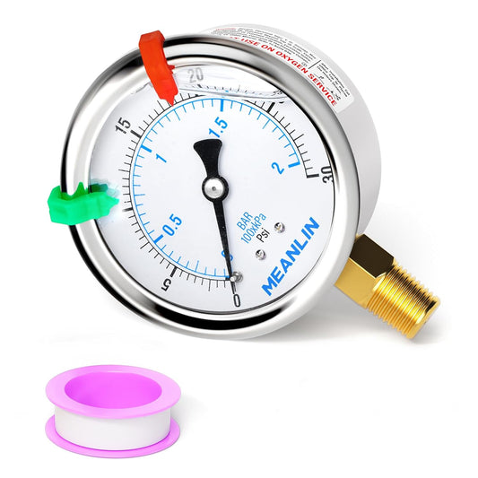 MEANLIN MEASURE 0~30Psi Liquid Filled Pressure Gauge 1/4" NPT 2.5" FACE DIAL Stainless Steel Glycerin Filled WOG Water Oil Air Lower Mount (with 2PCS Snaps)
