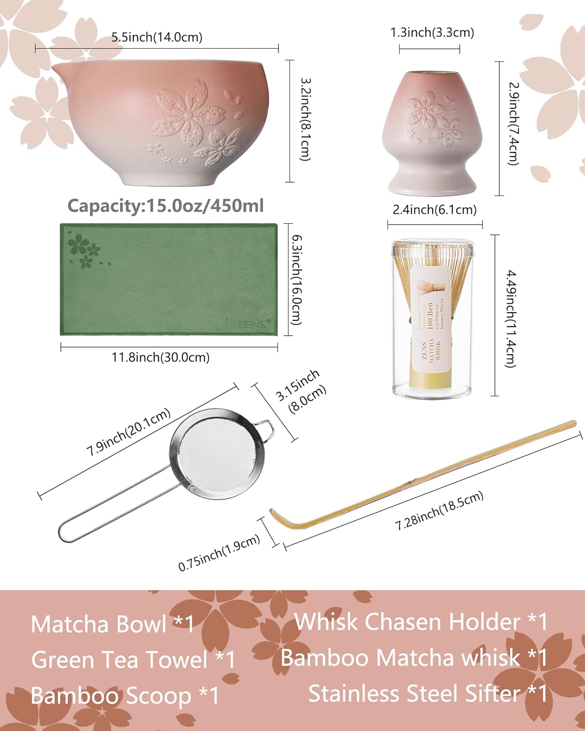 ZENS Matcha Whisk Set, Pink Ceramic Matcha Bowl with Embossed Sakura, 6pcs Matcha Tea Kit Includes Bamboo Whisk, (Chasen Holder) Scoop & Sifter, Tea Towel for Matcha Ceremony, Pink