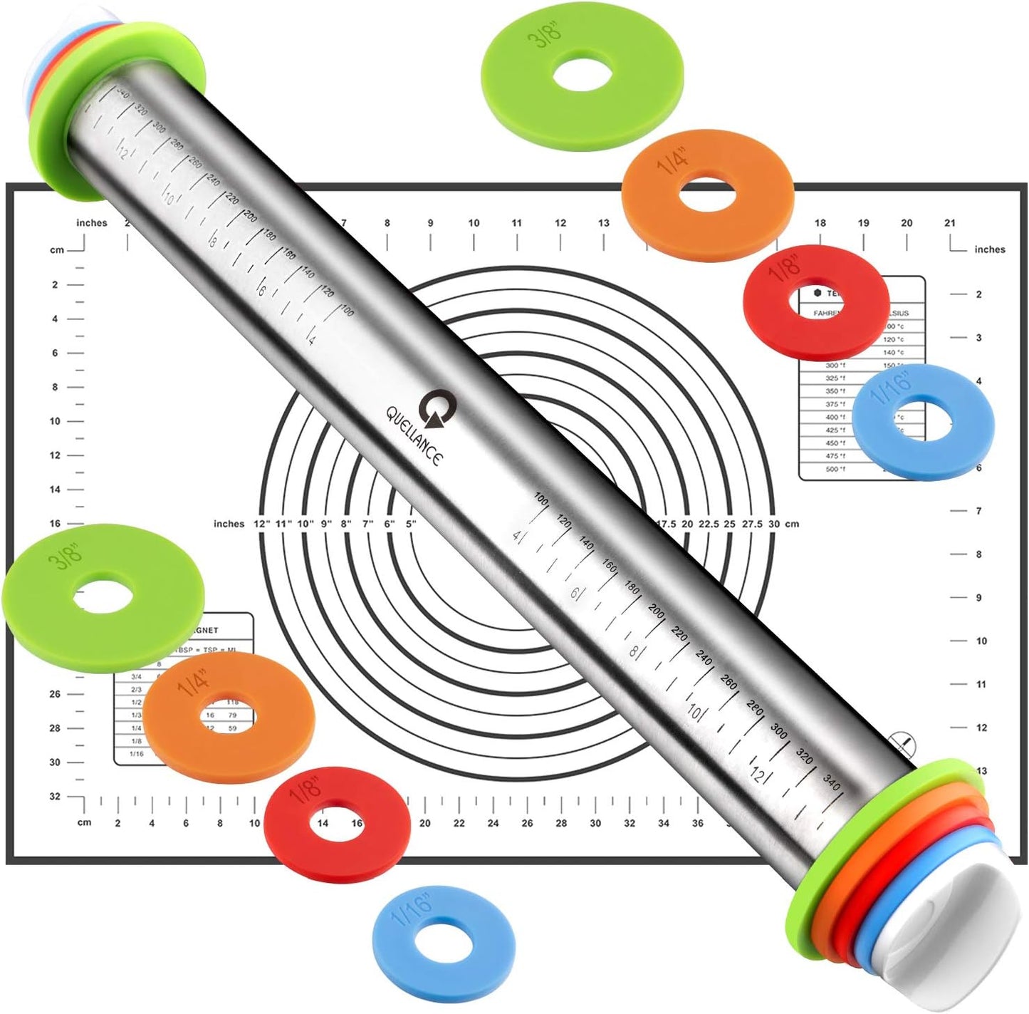 Rolling Pin and Pastry Baking Mat Set, Rolling Pins with Adjustable Thickness Rings, Stainless Steel Dough Roller for Baking Fondant, Pizza, Pie, Pastry, Pasta, Cookies (Black Mat)