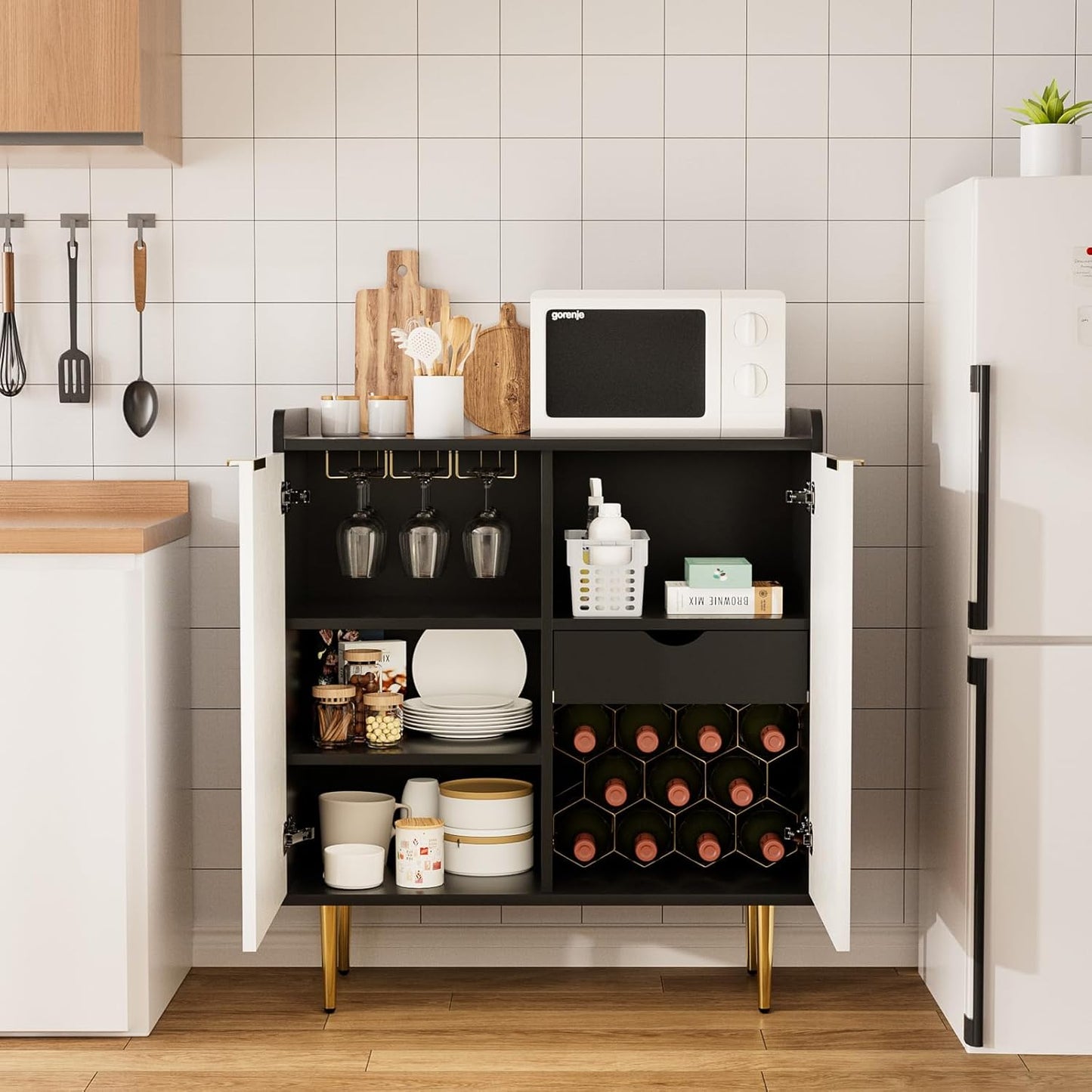 EOYUTLLY Coffee Bar Cabinet with Wine Rack & Glass Holder, Kitchen Wine Cabinet with Drawer and Storage, Liquor Bar Cabinet for Living Room Dining Room, Black Frame + White Door