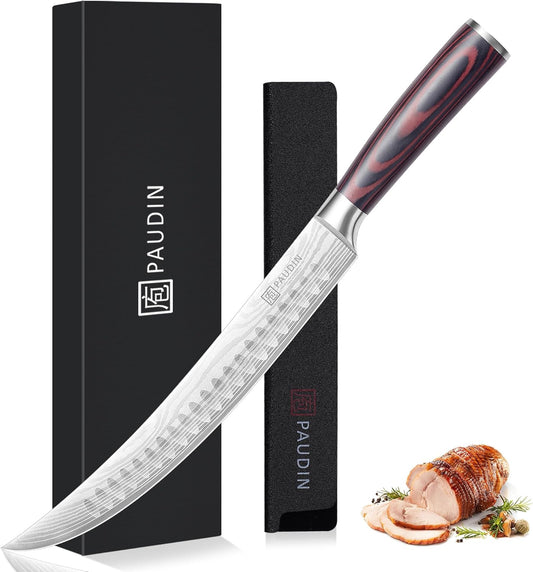 PAUDIN Carving Knife, 10 Inch Butcher Knife, Forged High Carbon German Stainless Steel, Razor Sharp Curved Brisket Slicing Kinfe for Poultry Beef Pork Meat Cutting, Ergonomic wood Handle Design
