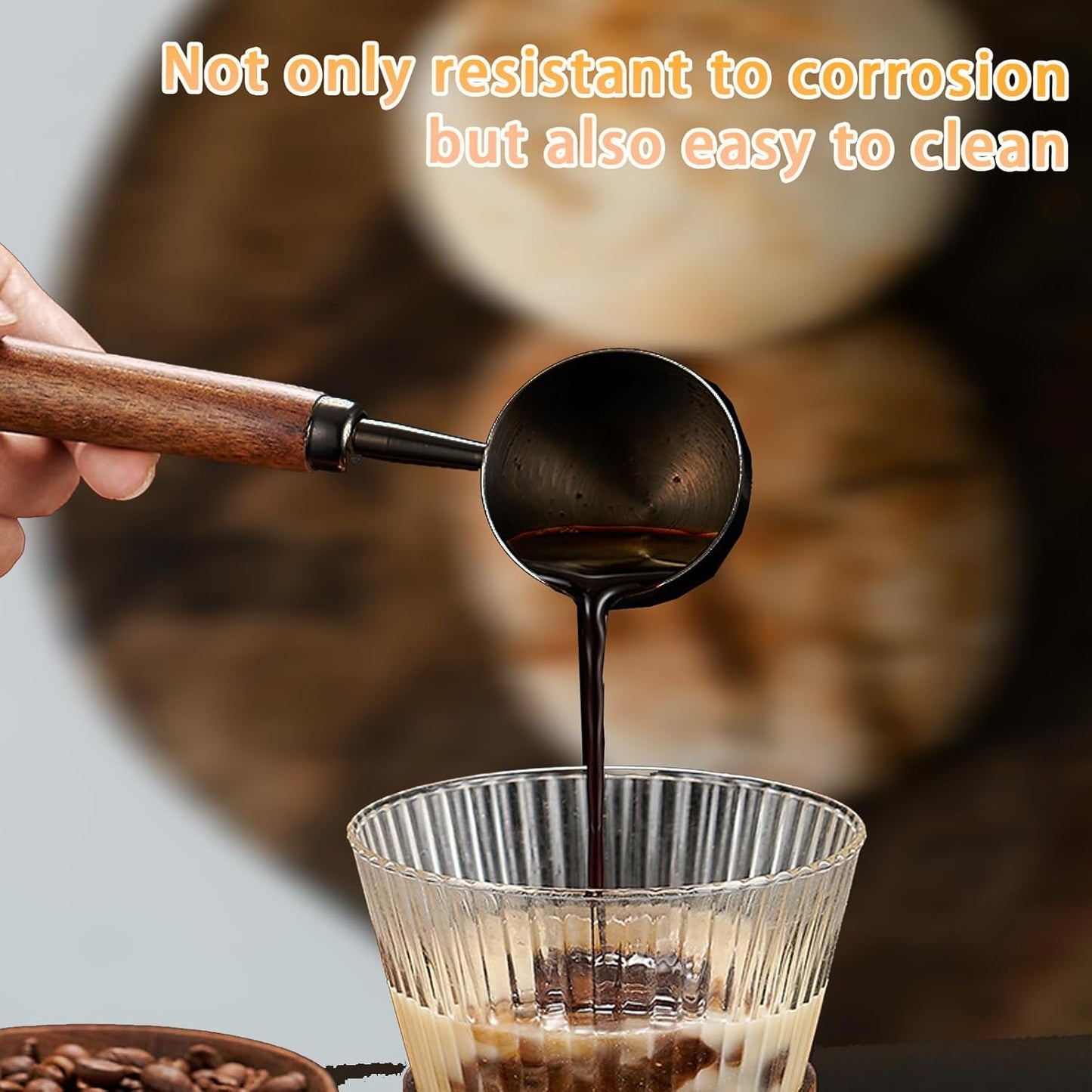 2pcs Vintage Coffee Measuring Spoon， 30ml/10g Capacity Coffee Scoop for Ground Coffee、Coffee Beans and Tea，304 Stainless Steel Coffee Spoons with Long Wooden Handle（Black)