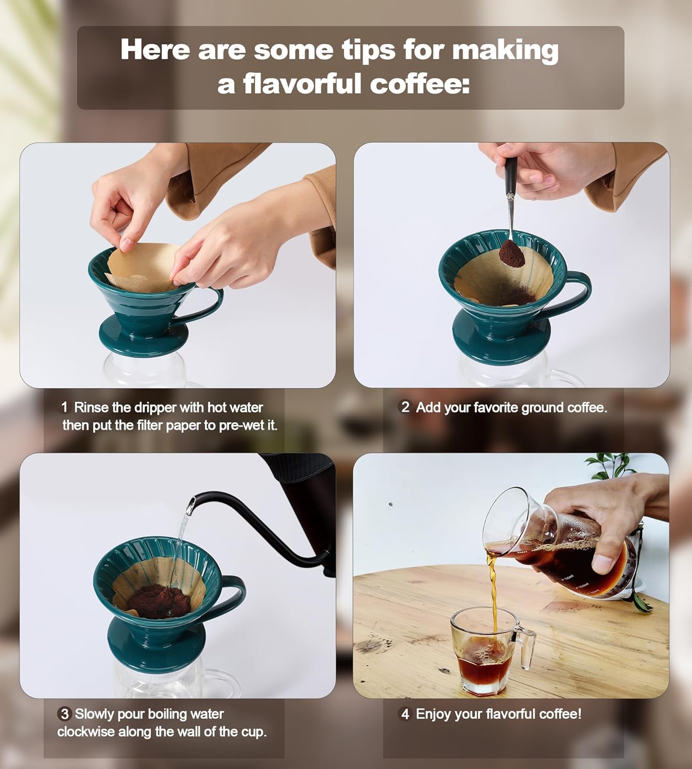 Pour Over Coffee Dripper - Ceramic Pour Over Coffee Maker Cone, Porcelain Coffee Drip, Pour Over Single Cup, Manual Brew Maker for Home, Cafe, Office - 1-4Cup, V60 Size 02 (Brown)