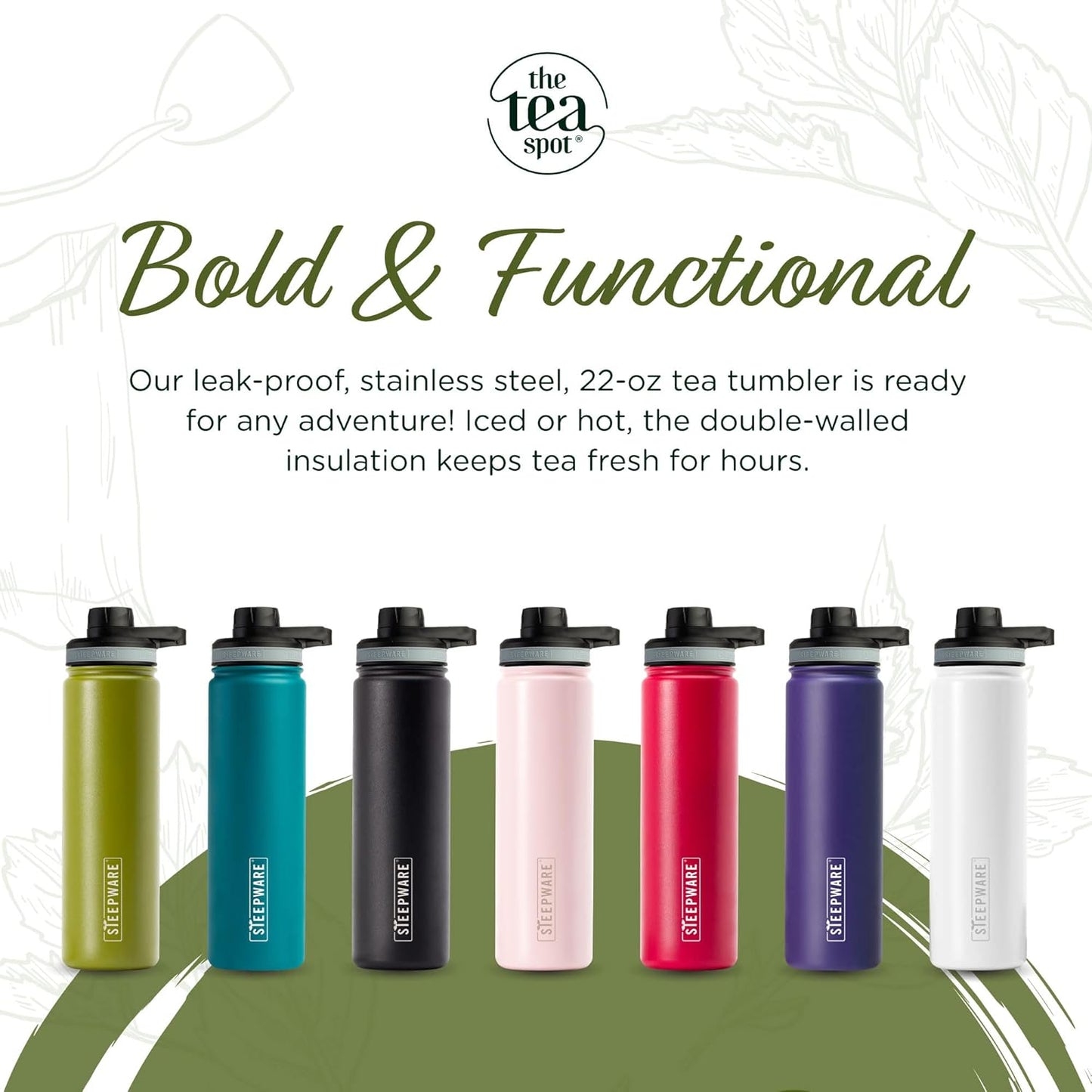 The Tea Spot Steepware Tea Tumbler, Tea Thermos, 22oz, Violet- Travel Bottle with Tea Infuser for Loose Leaf Tea or Iced Coffee - Sleek Double-Walled Insulated Bottle