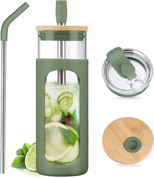 Kodrine 24oz Glass Tumbler with 2 Lids and Straws, Glass Cup With Bamboo Lid and On-the-go Lid, Reusable Iced Coffee Cup, Ideal for Smoothie, Cold Drinks, Fit Cup Holder, BPA Free (1, Olive)