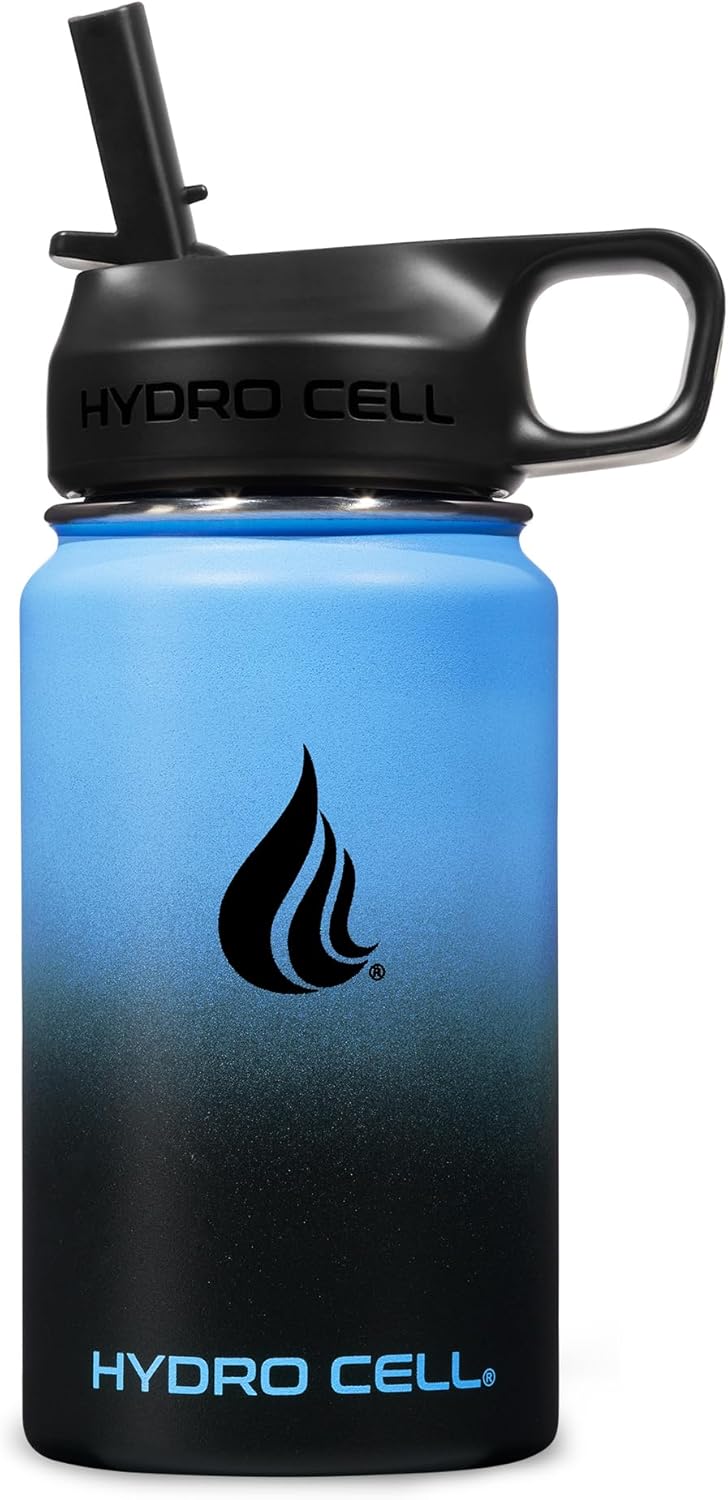 HYDRO CELL Stainless Steel Insulated Water Bottle with Straw - For Cold & Hot Drinks - Metal Vacuum Flask with Screw Cap and Modern Leakproof Sport Thermos for Adults (Blue/Black 14oz)