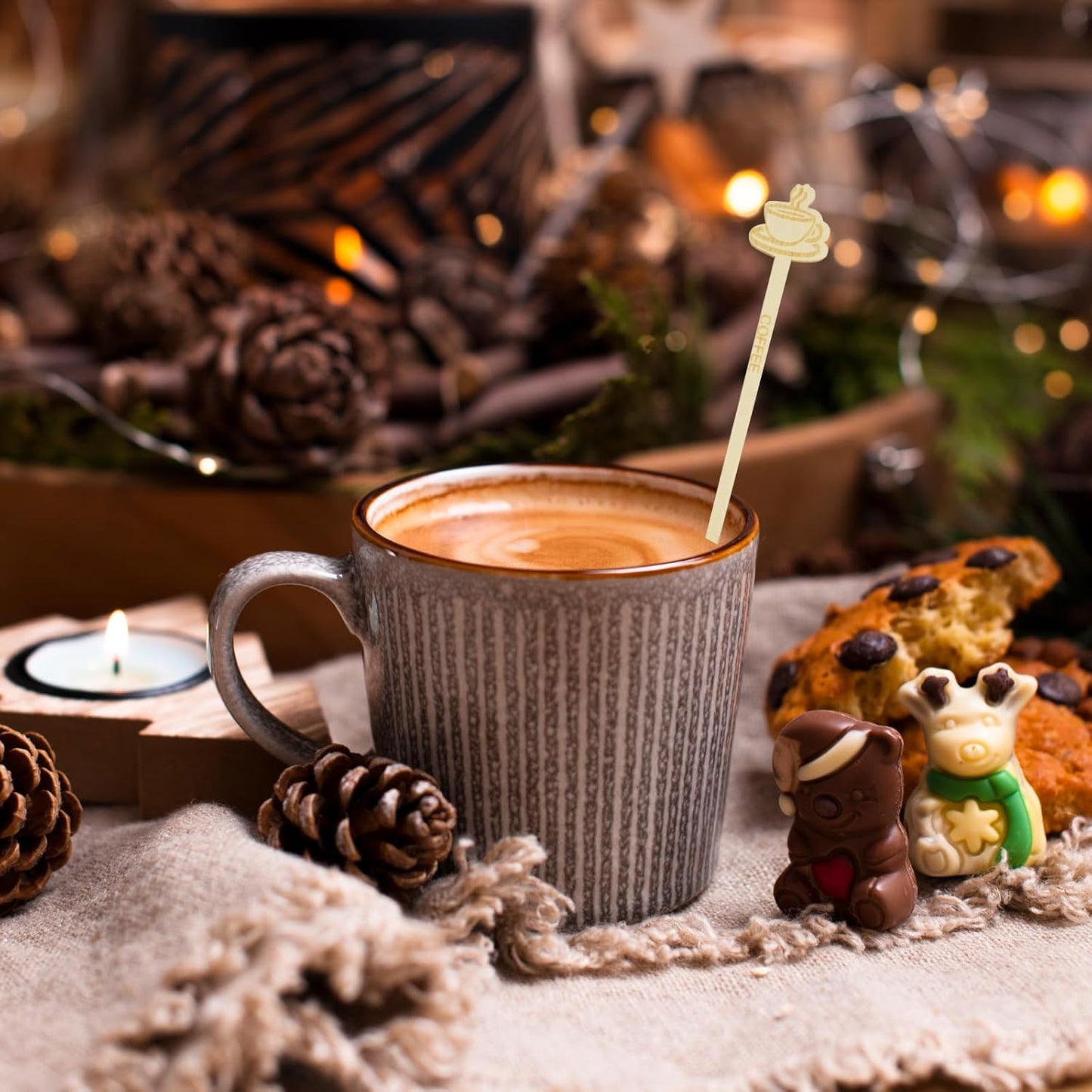 60Pcs Coffee Stirrers-7Inch Natural Bamboo Stir Sticks Beverage Mixer with Coffee Ends Disposable Environmentally Friendly Biodegradable Cafe Grade Stir Sticks for Cocktails Milk Tea Hot & Cold Drinks