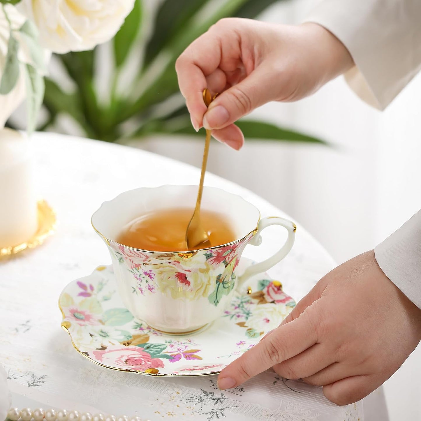TATSUMI Country Roses Bone China Tea Cup and Saucer Set, 6 Pieces, Vintage Style, For Women and Tea Parties(Pink,2 Set)