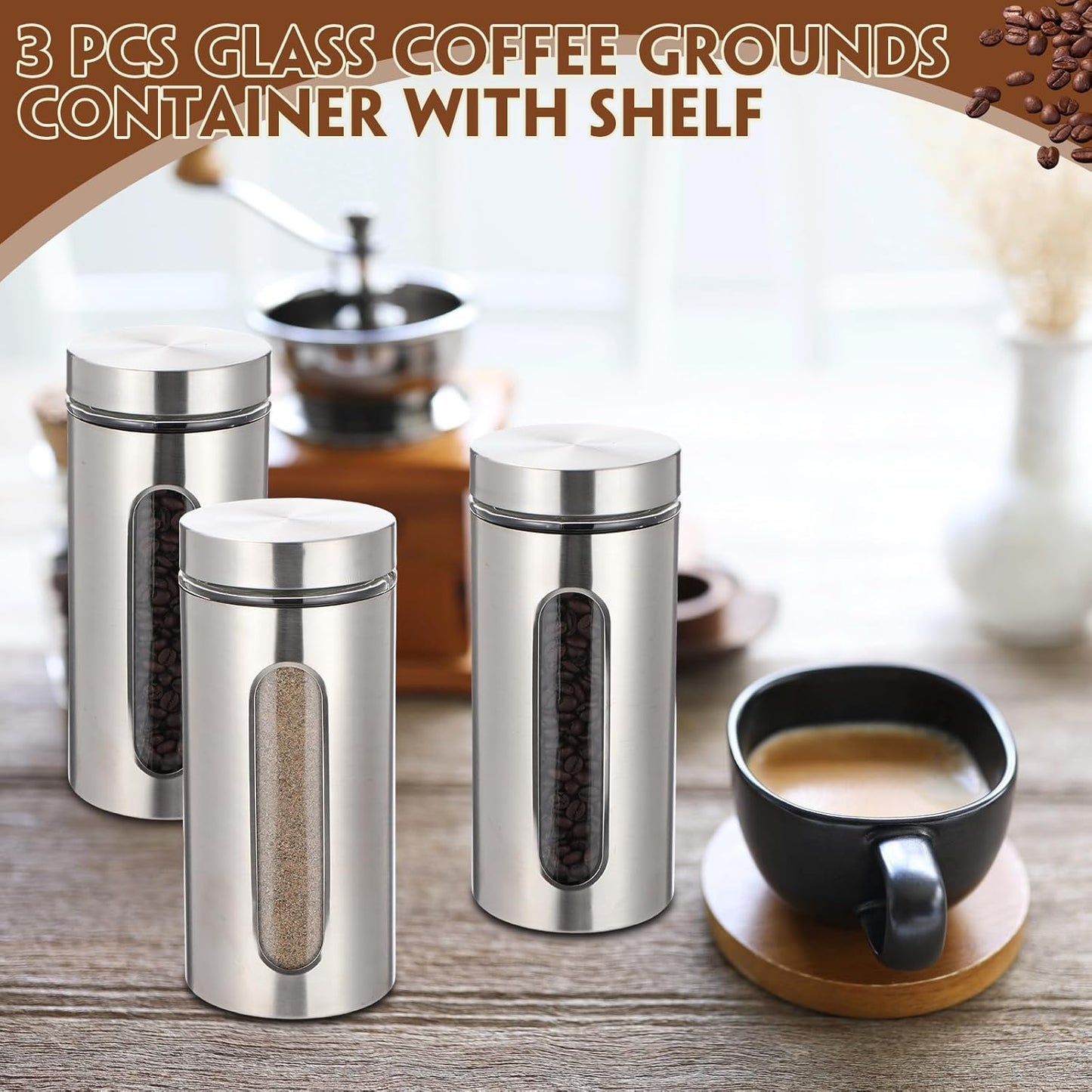 Suclain Stainless Steel Coffee Grounds Canisters with Shelf 3 x 50oz Sugar Coffee Bean Storage Container with Airtight Threaded Lid, Glass Window, Scoop Kitchen Storage Jar Set for Bar Creamer Nut Tea