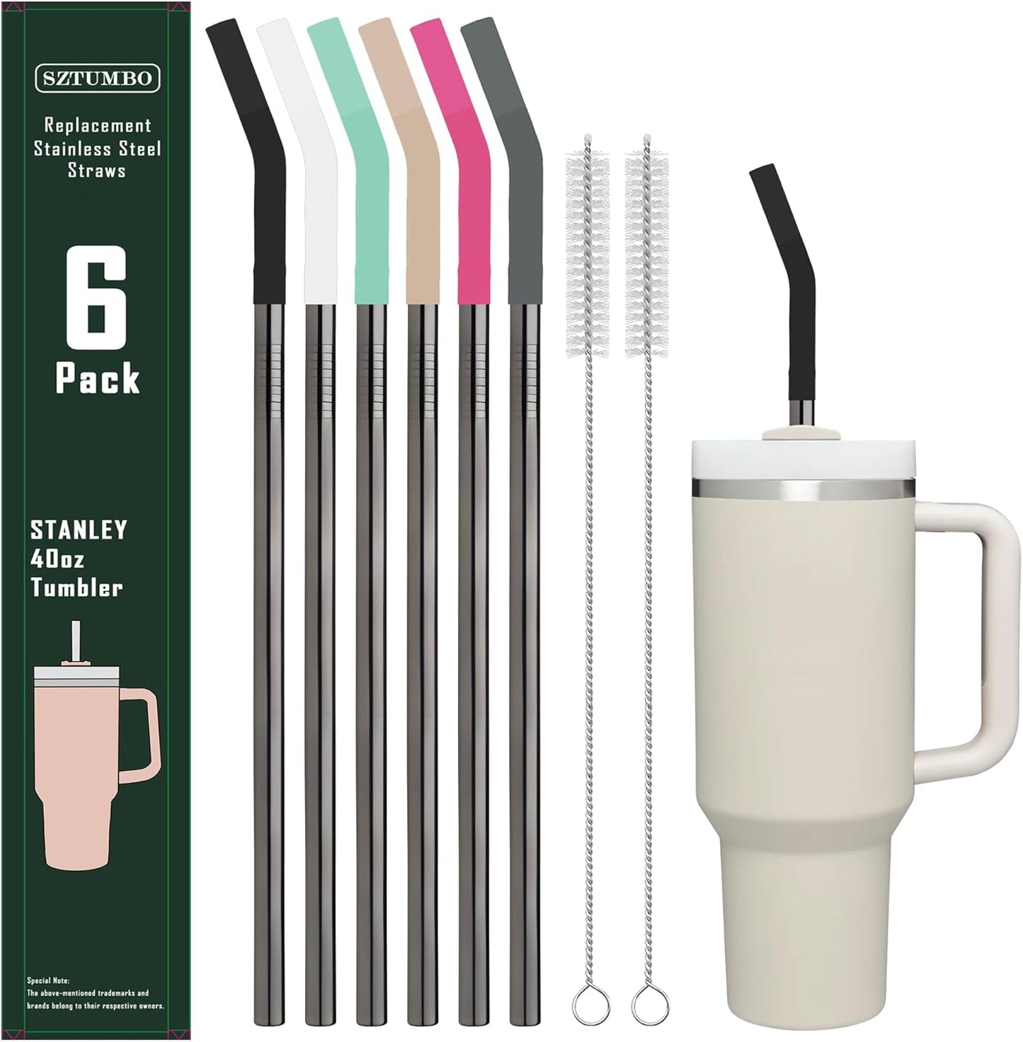 6 PCS Metal Stainless Steel Reusable Straight Straw,with 6Silicone Tips and 2Cleaning Brush,for 40oz Stanley, Hydrapeak, Owala Tumbler,Simple Modern 32 40oz Tumbler(8mm Black)