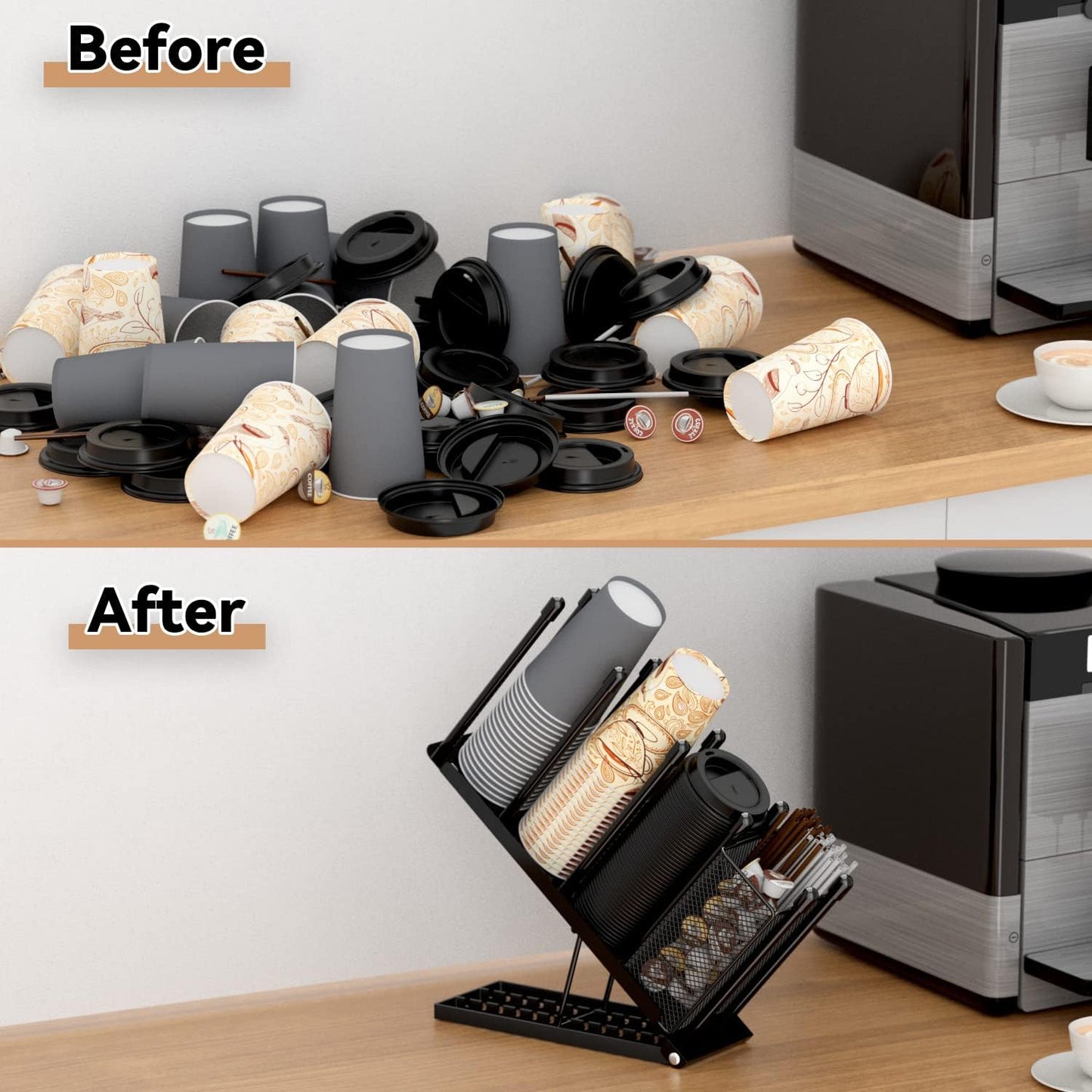 OVICAR Cup and Lid Holder - Adjustable Coffee Cup Holder Organizer 4 Compartment Disposable Cup Dispenser with Coffee Pod Straw Storage Basket for Coffee Station Bar Countertop Breakroom Metal Black