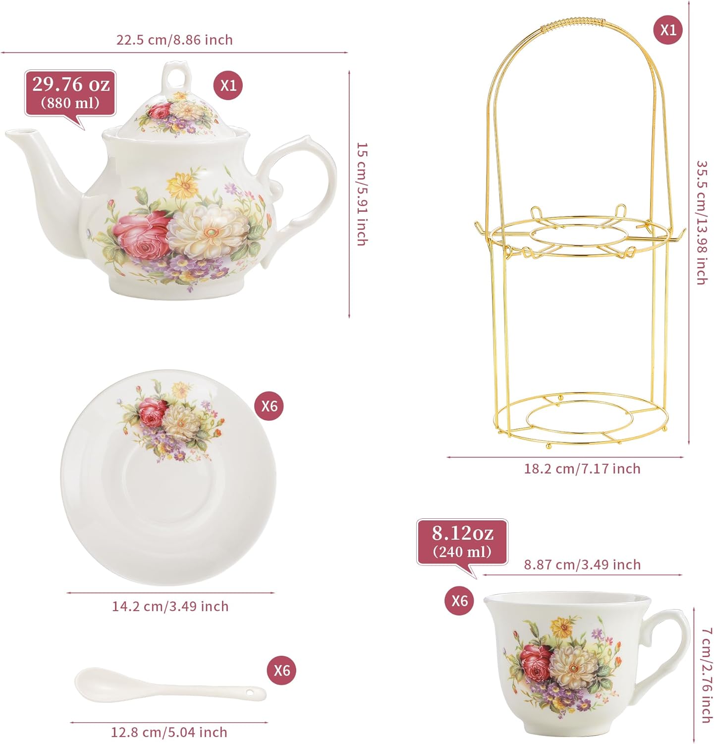 20-Pieces Porcelain Tea Sets For Women, Tea Set For Adult with Golden Metal Rack,Tea Gift Sets for Home&Party(012)