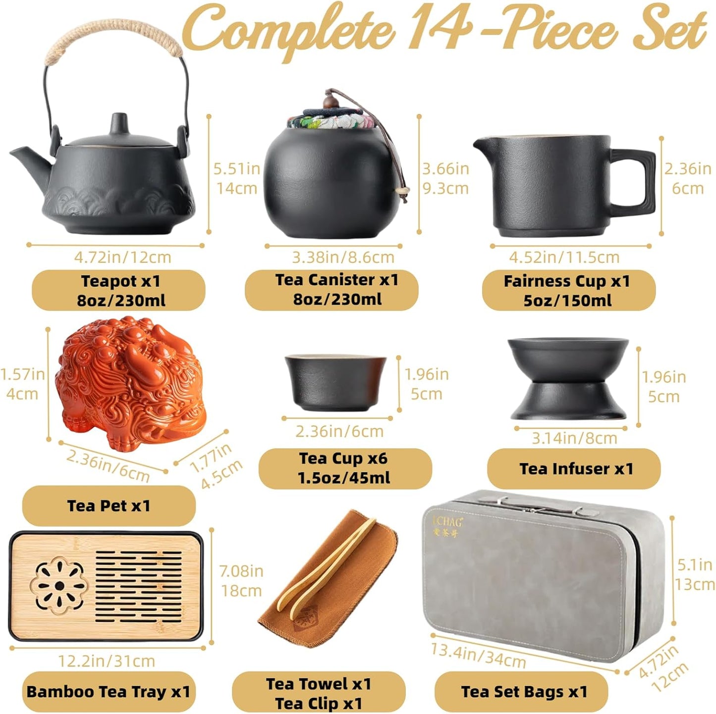 ICHAG Japanese & Chinese Tea Set, Adults' Portable Gongfu Tea Set with Teapet with Porcelain Teapot, 8oz Teapot,14-Piece 茶具 for Home/Outdoor/Office Gifts (Gray)