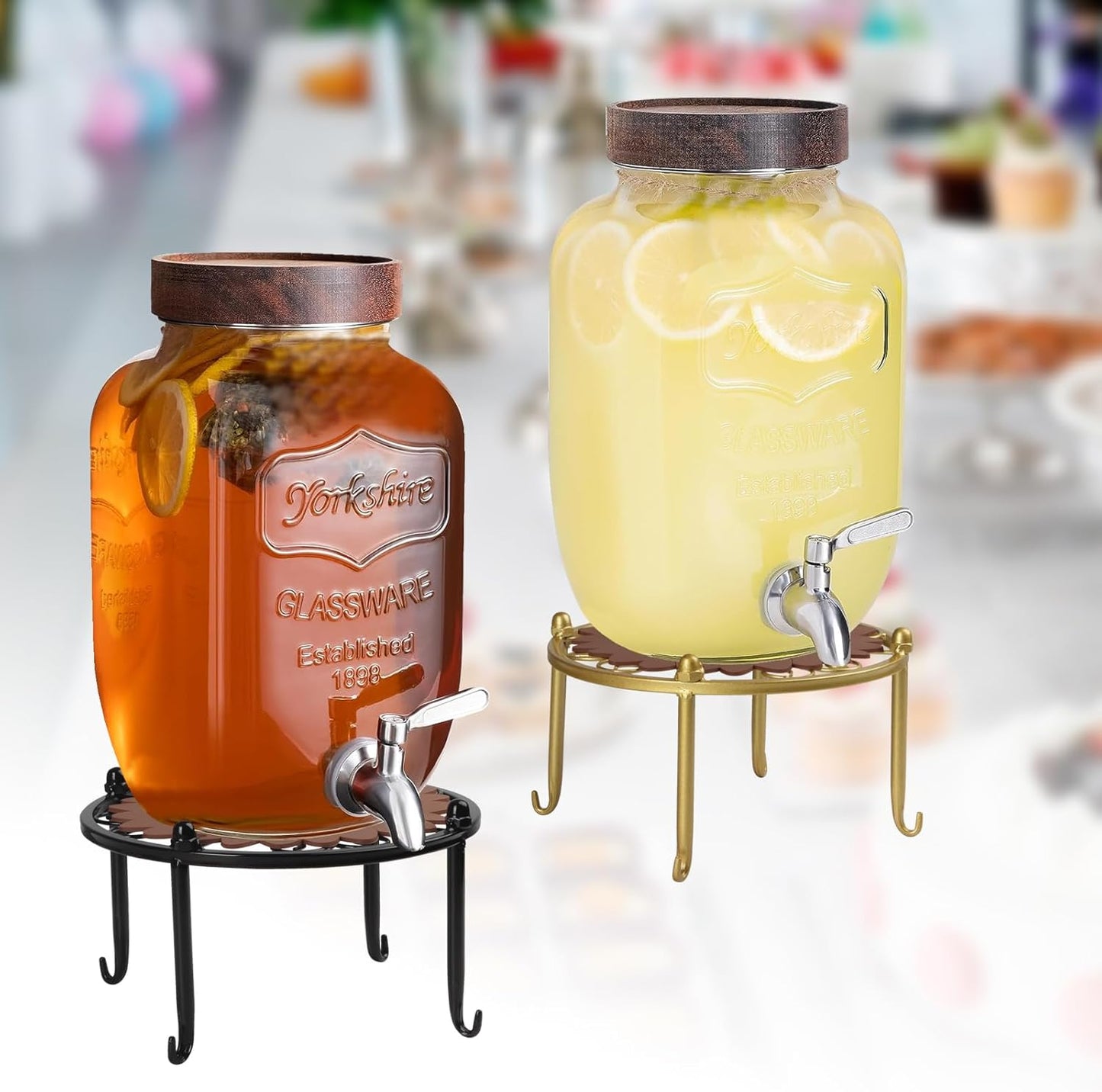 Heavy-duty Metal Beverage Drink Dispensers Stand, Drinking Crock Cold Water Glass Container Holder, Countertop Rack Base for Juice Lemonade Dispenser Mason Jar, Max Diameter 8", Black