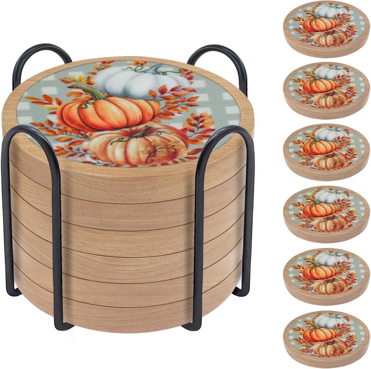 Fall Coasters Set of 6, Pumpkins Coaster, Minacun Absorbent Coasters with Holder Halloween Thanksgiving Themed Party Decoration 4.3 Inch