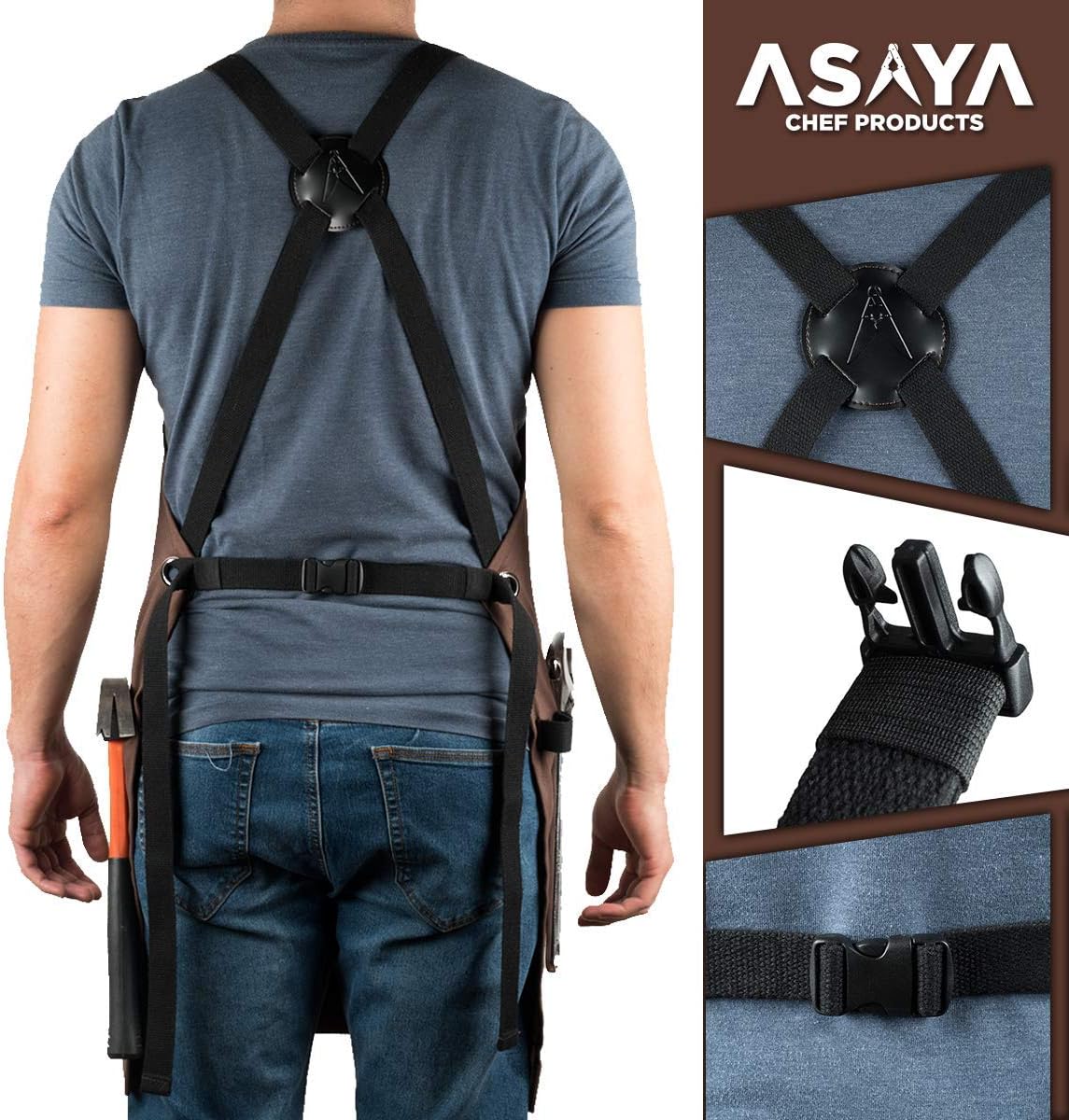 Asaya Chef and BBQ Apron with Bottle Opener and Hand Towel - 10oz Cotton Canvas, Stainless Steel Hardware - Cross Back Straps