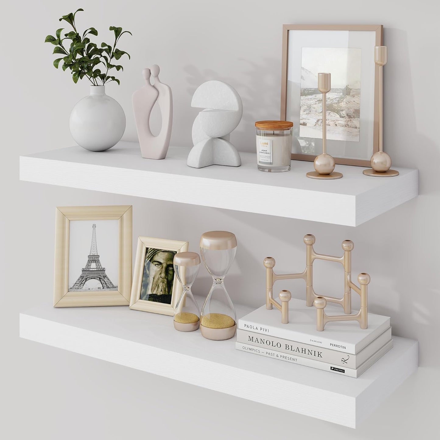 24 Inch Floating Shelves, 9.3" Deep Floating Shelf Wall Mounted, 24" Wall Shelves, Rustic Deep Bookshelf, Large Display Shelves & Storage Shelves for Bedroom, Living Room, White, Set of 2