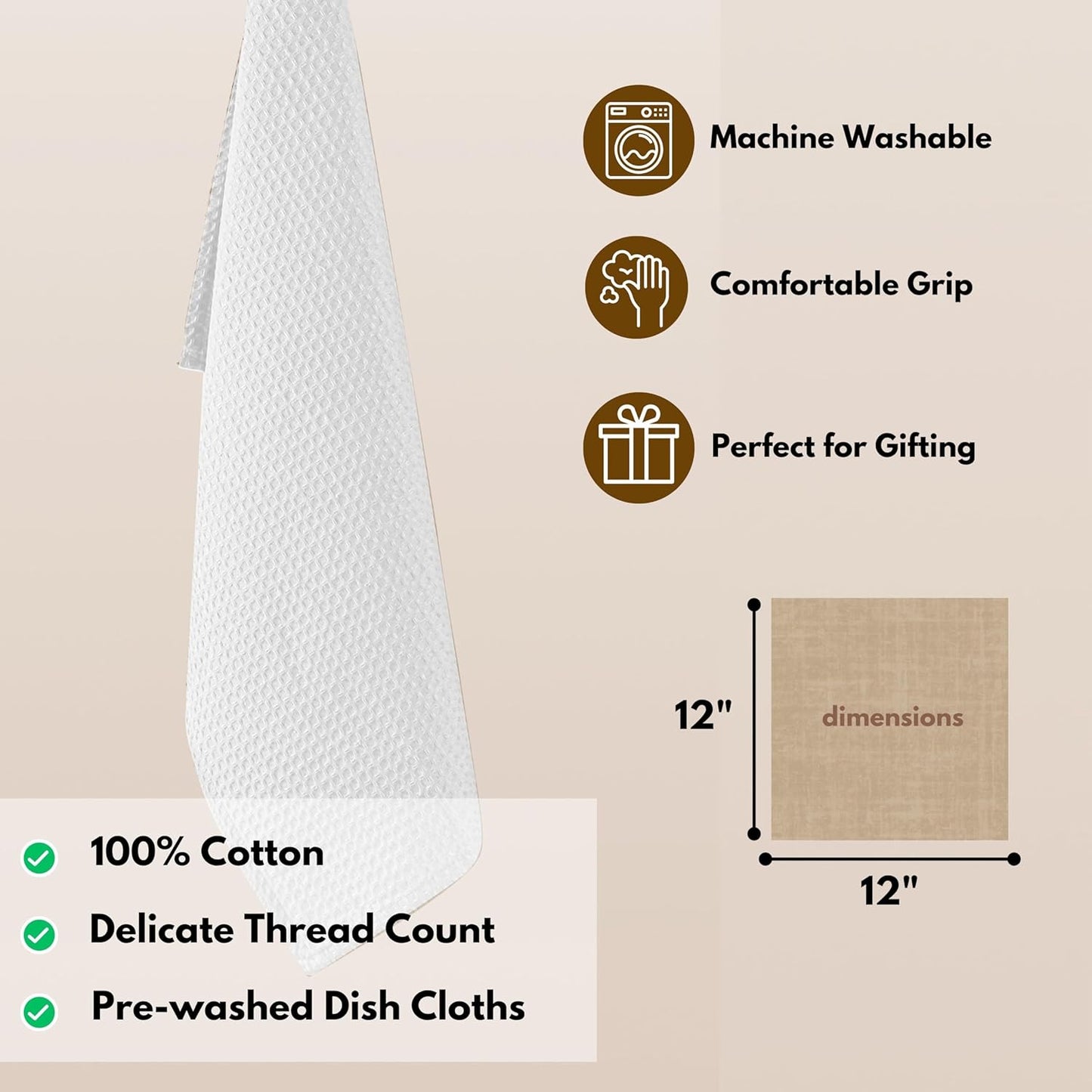 Native Fab Waffle 18 Pack Dish Cloths - 100% Cotton, Absorbent, Quick Drying, Washable Towels for Cleaning, Cooking & Baking - Great for Home, Restaurants, Cafes, Bars, Everyday Use, 12"x12", White