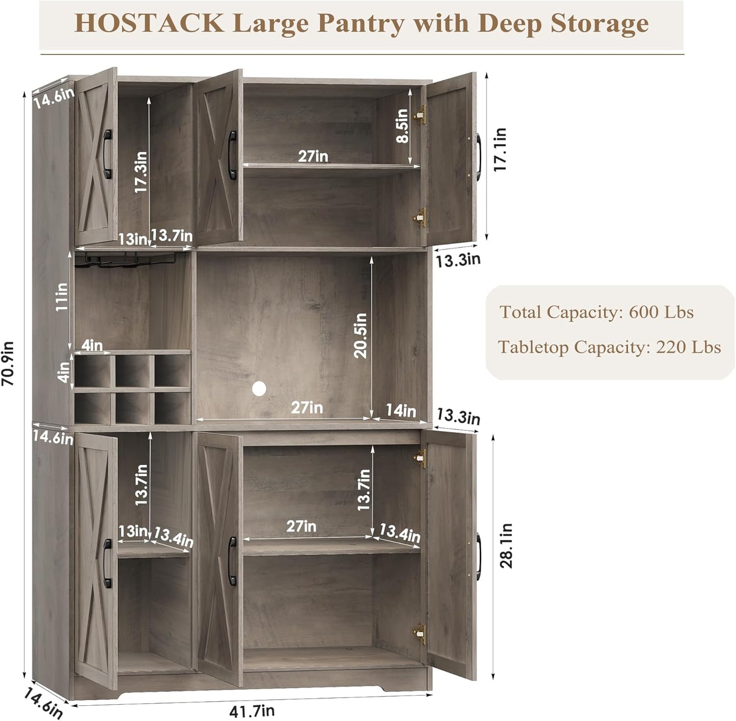 HOSTACK Kitchen Pantry Storage Cabinet, 71" Tall Food Pantry Cabinet with Microwave Stand, Farmhouse Kitchen Hutch, Coffee Bar Hutch with Wine Rack for Dining Room, Living Room, Ash Grey