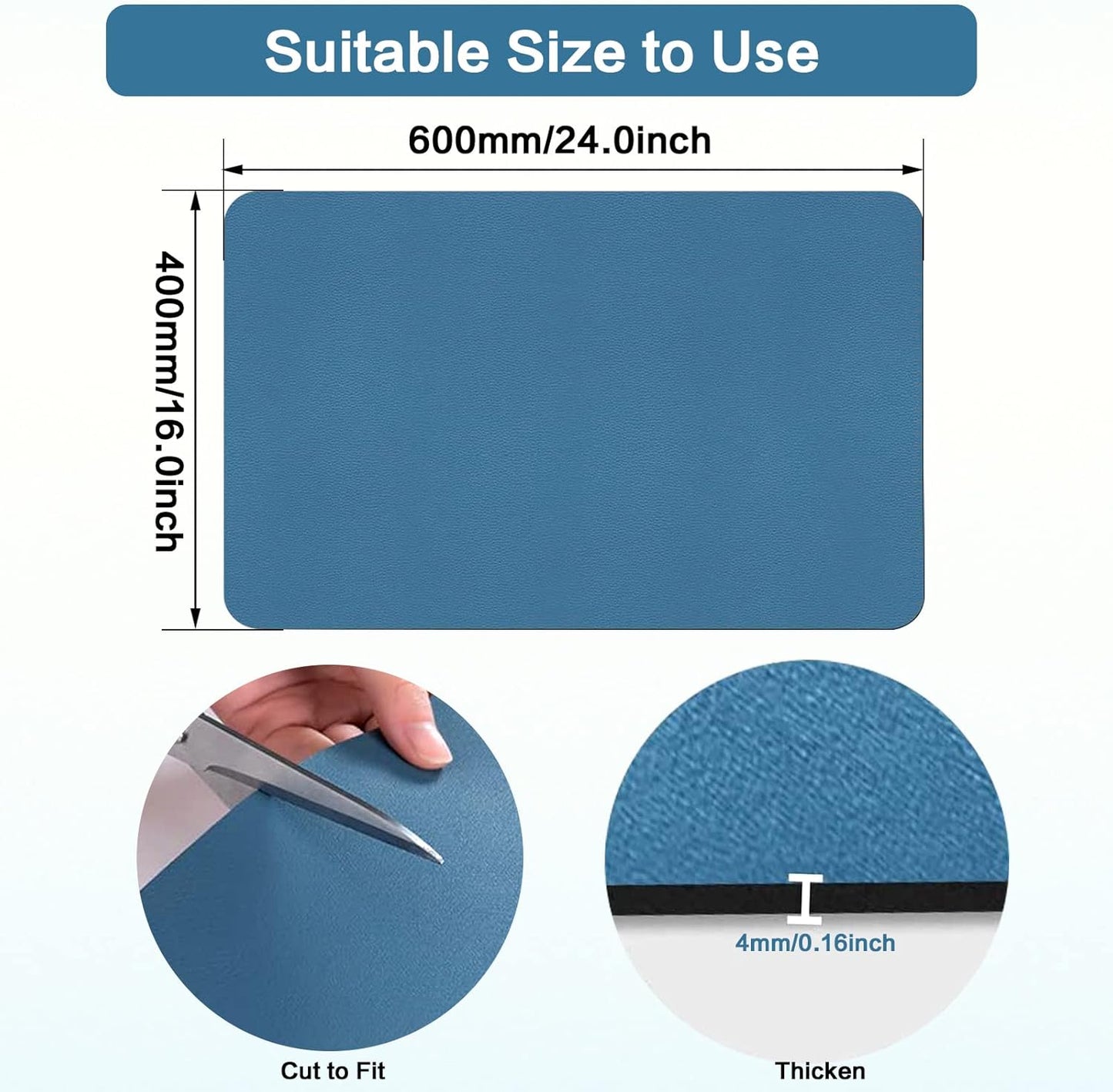 Dish Drying Mats, 16''x24'', Absorbent Bar Mats for Kitchen Counter, Anti Spill, Rubber Backed, Fit Under Coffee Maker & Espresso Machine, Blue