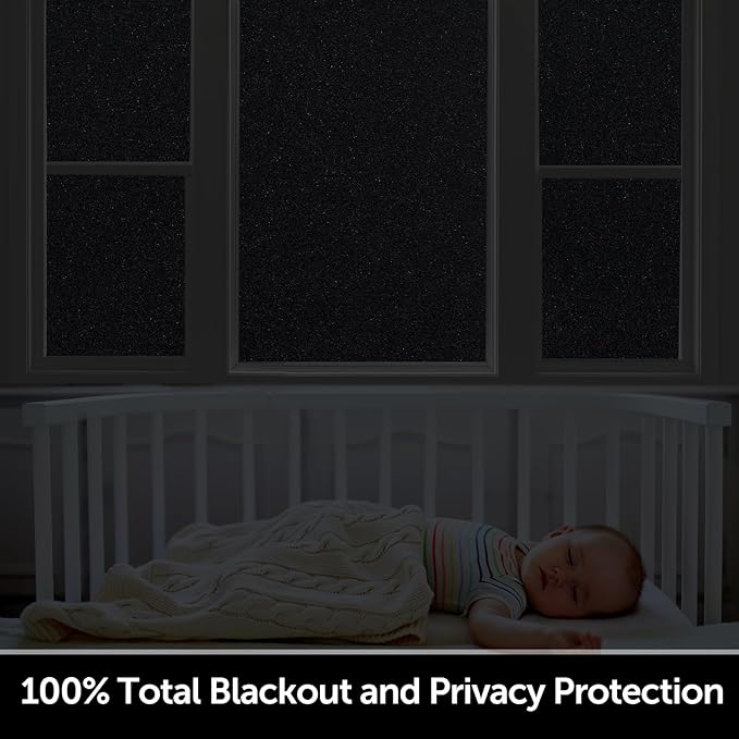 HIDBEA Blackout Window Film,100% Light Blocking Room Darkening Window Privacy Film,Frosted Glass Window Film Heat Control, Removable Window Cover Tint for Day Sleep (Black,17.7in x 6.5ft)