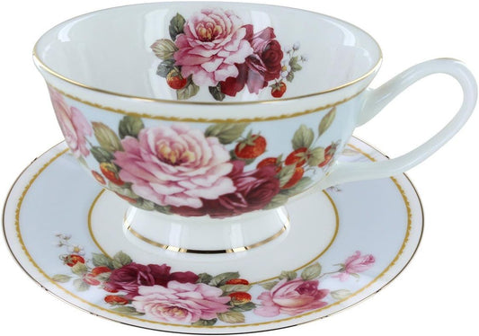 Peony and Strawberry Blue Bone China - Teacup and Saucer Set of 4