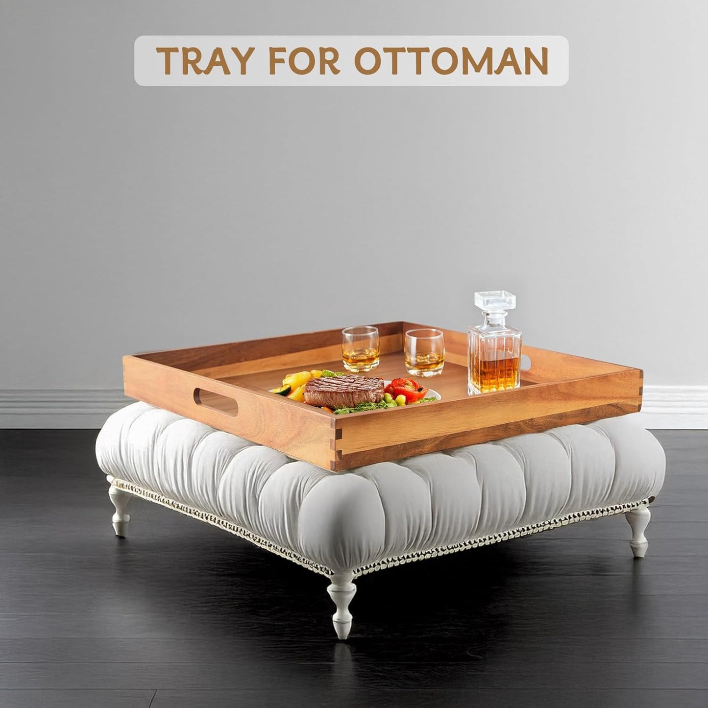 22-INCH Huge Ottoman Tray for for Living Room Large Wood Trays for Ottoman Square Wooden Serving Trays with Handles Decorative Trays for Party, Food Serving, Breakfast, Dinner, Coffee Tea, Appetizers