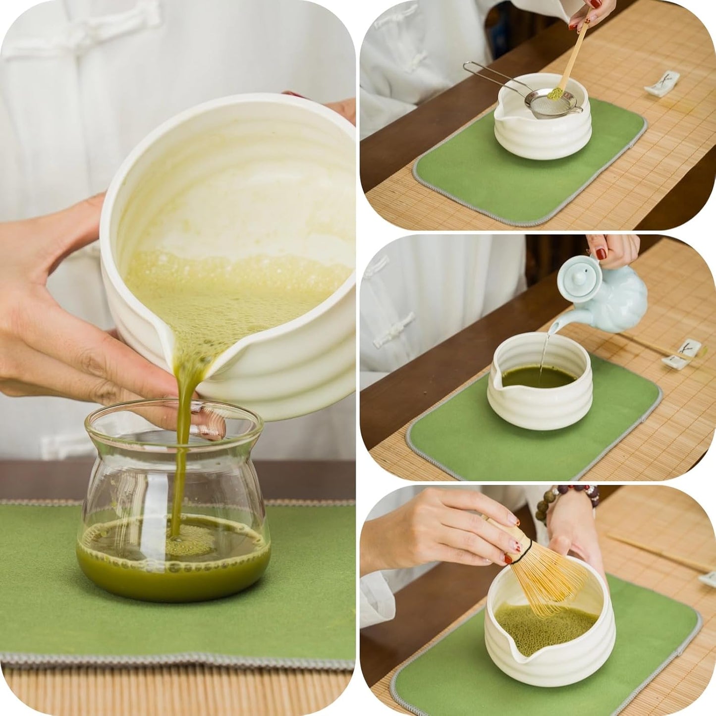 Matcha whisk Set,7 Pcs Matcha Making Kit with whisk Whisk, Ceramic Bowl, Sifter, Scoop, Holder, Stand, and Tea Towel for Ultimate Matcha Experience（White）