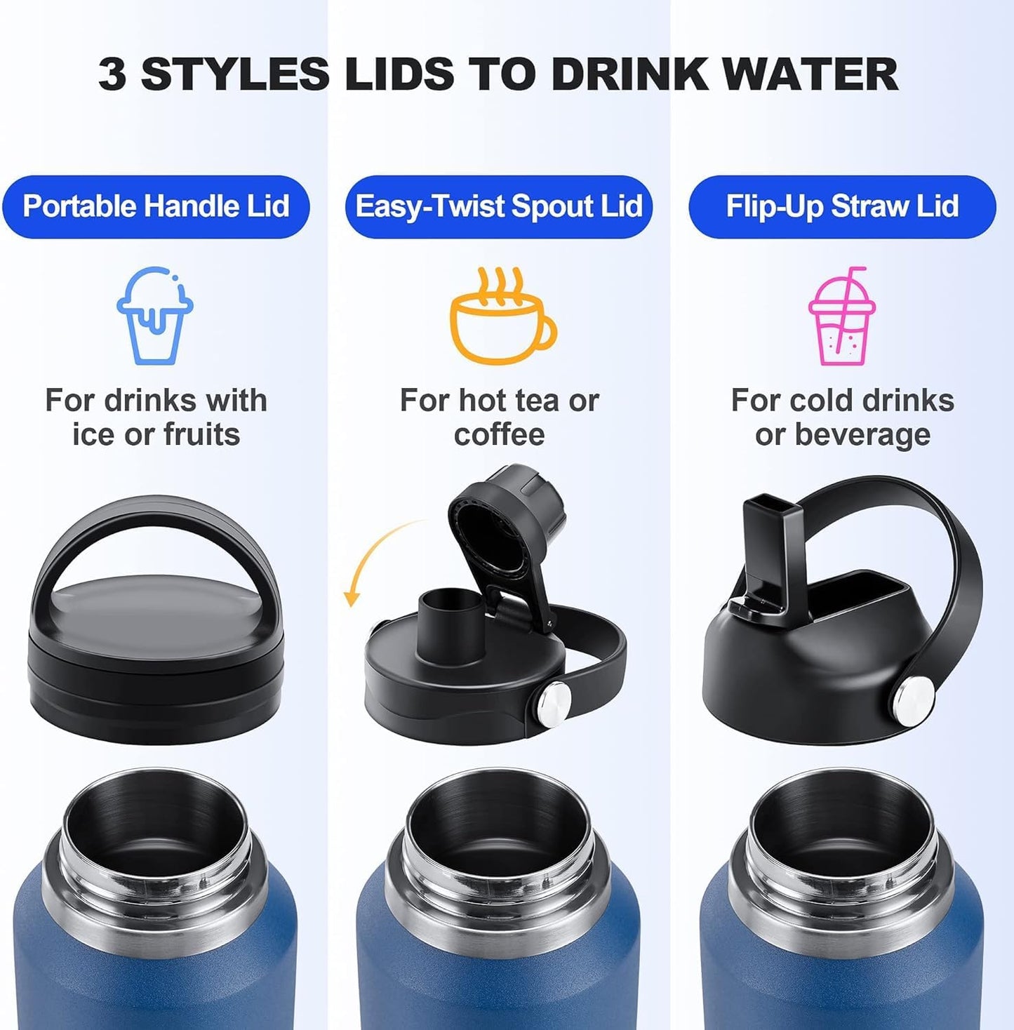 SENDESTAR 40oz Stainless Steel Water Bottle(Cold for 48 Hrs, Hot for 24 Hrs),Double Wall Vacuum Insulated Bottle with Straw Lid, Spout Lid and Flex Cap, Fit in Any Car Cup Holder,Black