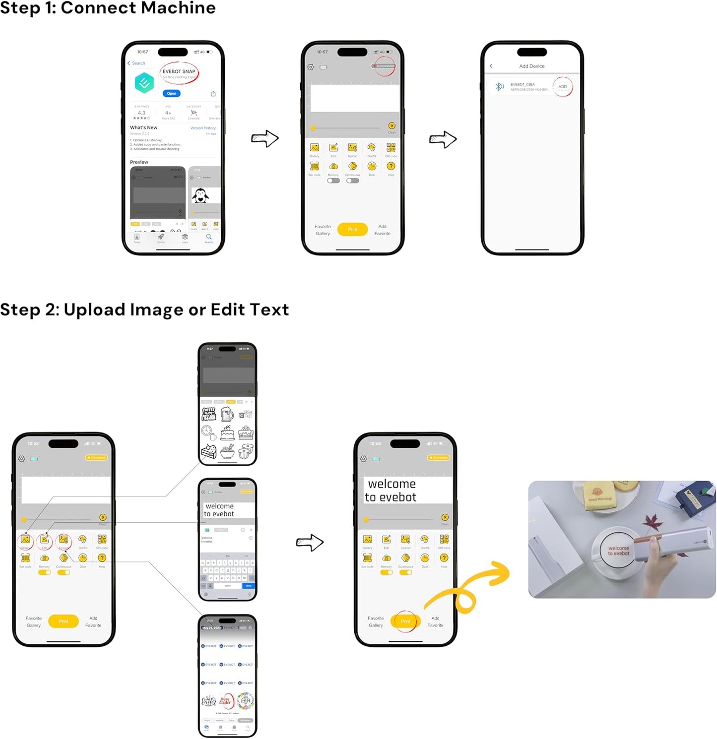EVEBOT Handheld Food PrintPen Portable Mini Coffee PrintPen Latte Art Macaron Cookie DIY Design Print Pen, Christmas Gifts Bluetooth 4.2 - Brown, Red and Black 3PCS Colors