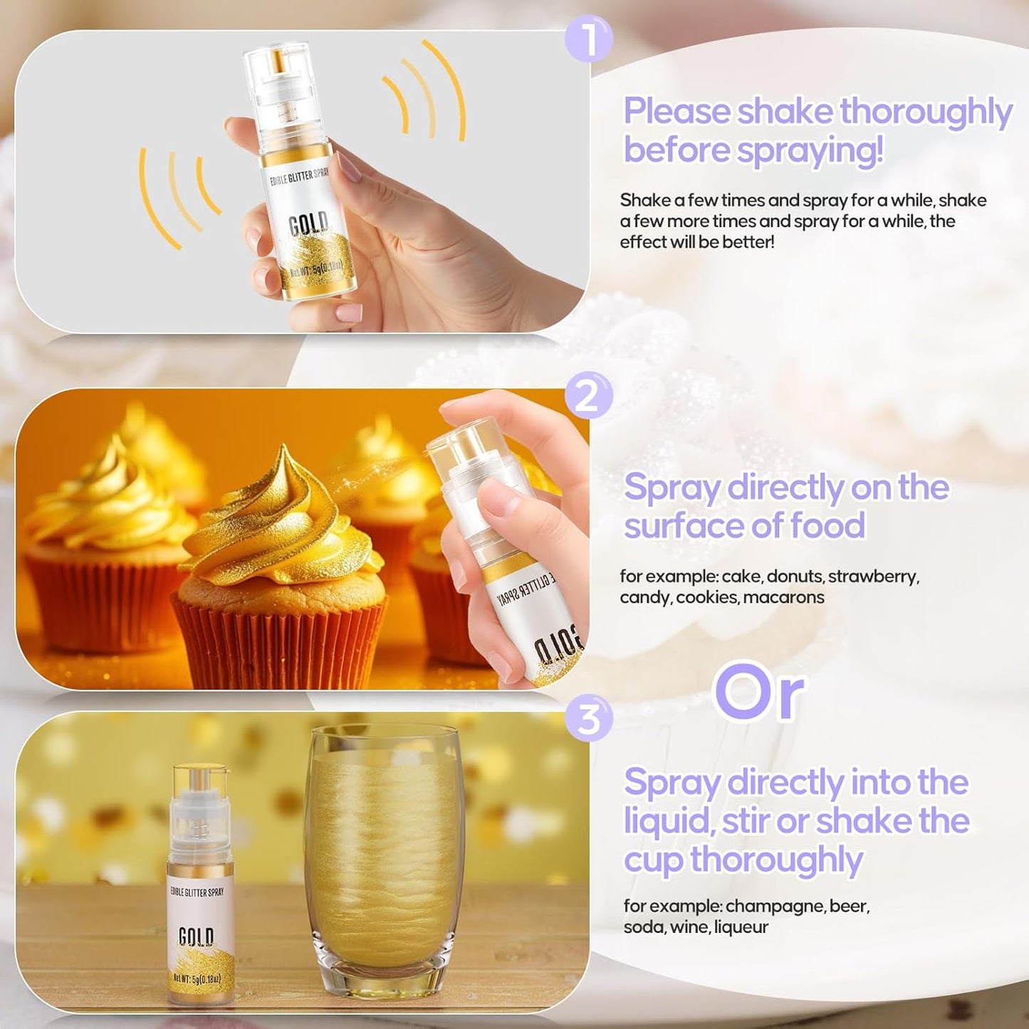 Edible Glitter Spray,2 Colors Iridescent & Iridescent Gold Food Grade Edible Glitter Set for Drink Cake Beverages,Cupcakes,Cake Pops and Cookies Decorating