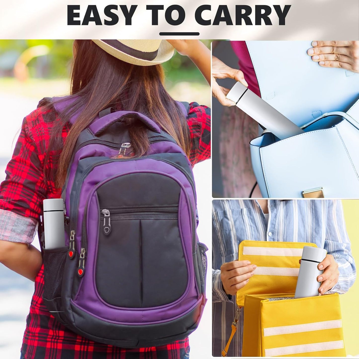 Vesici 1 Pack Slim Water Bottle 8.8 oz Small Stainless Steel Purse Compact Insulated Water Bottles Camping Travel Backpack Pocket Flask for Car Cold Coffee Tea (White)