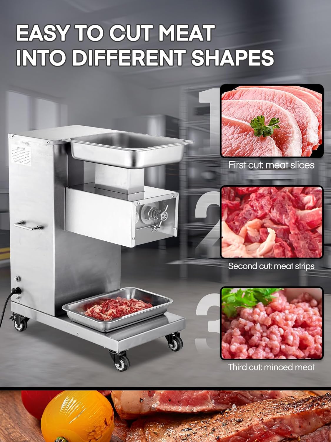 Commercial Meat Cutter Machine, 1200LB/H Electric Cutting Machine 750W Commercial Meat Slicer 3mm Blade Restaurant Food Slicer Stainless Steel For Kitchen Restaurant Supermarket