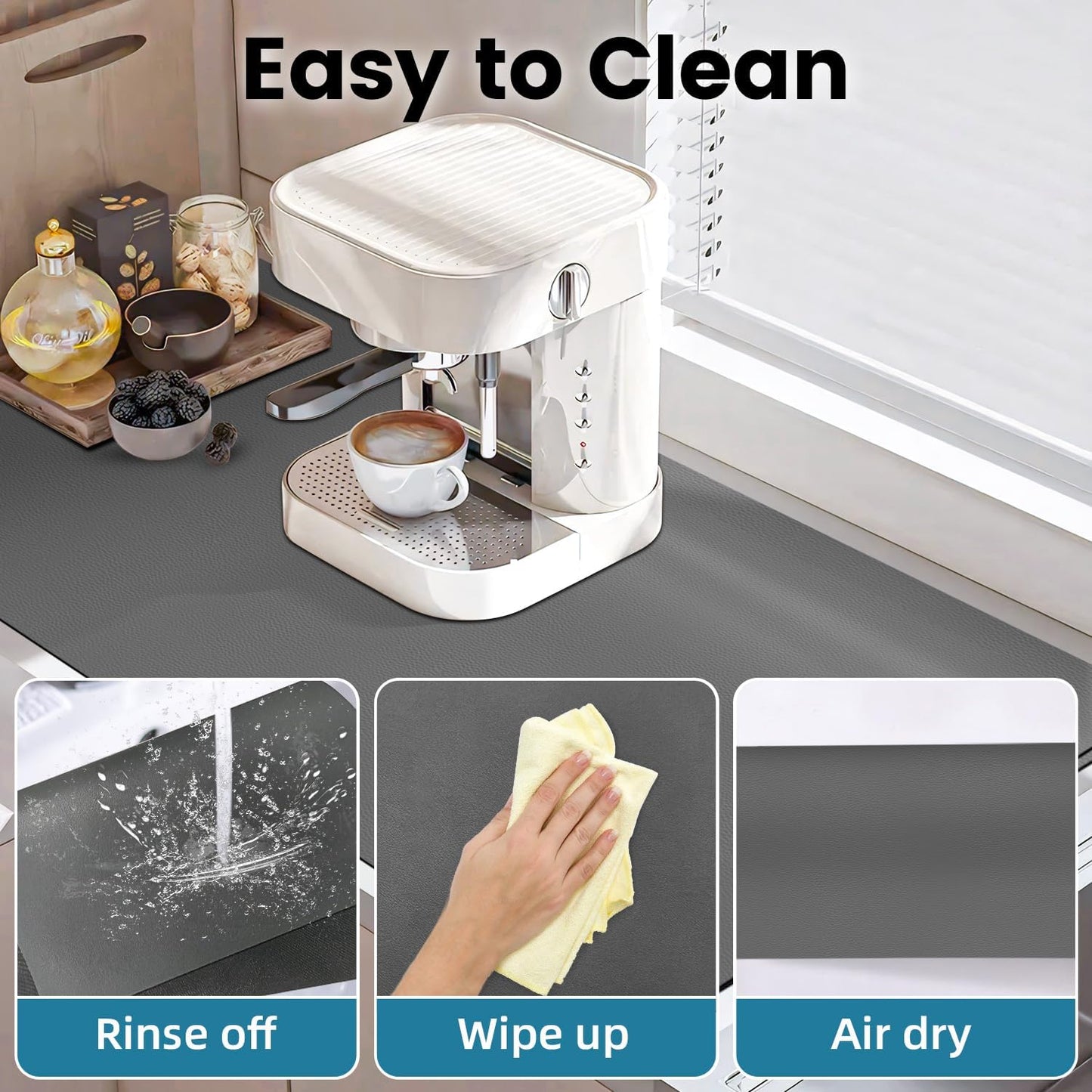 PoYang 31.5"x17" Coffee Mat X-Large, Coffee Bar Accessories for Countertop, Absorbent Dish Drying Mat, Anti-Slip and Hide Stain Pad for Espresso Machine, Espresso Maker and Kitchen Counter, Gray