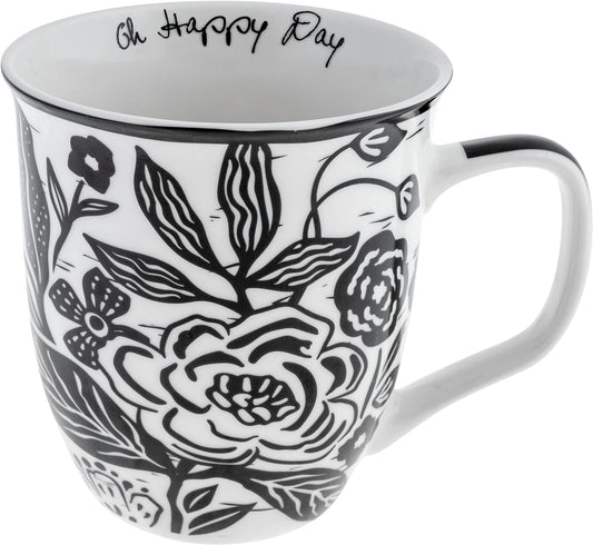 Karma Gifts 16 oz Black and White Boho Mug Floral - Cute Coffee and Tea Mug - Ceramic Coffee Mugs for Women and Men, 4.25" x 3.7"