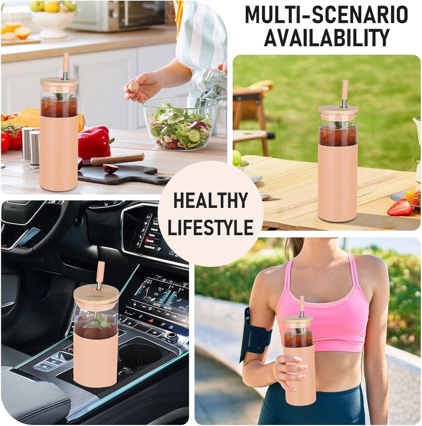 Glass Tumbler w/Lids & Straw - 24oz Reusable Mug w/Bamboo Lid & Stainless Steel Straw - BPA-Free, Leak-Proof, Dishwasher Safe for Coffee, Smoothies, Hot Beverages, Travel, Office, Home Use,1-PK