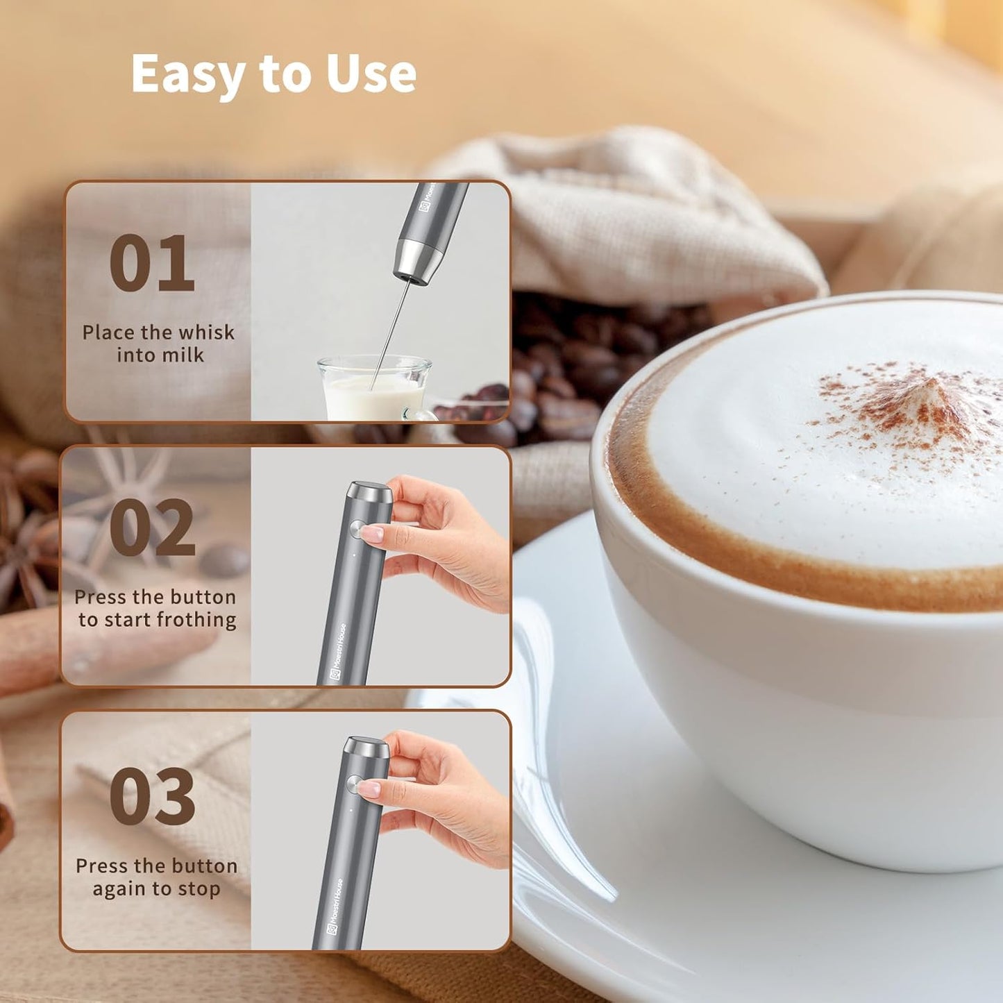 Maestri House Rechargeable Milk Frother with Stand, LunaFro Handheld Electric Foam Maker Waterproof Detachable Stainless Steel Whisk Drink Mixer Foamer for Lattes, Cappuccino