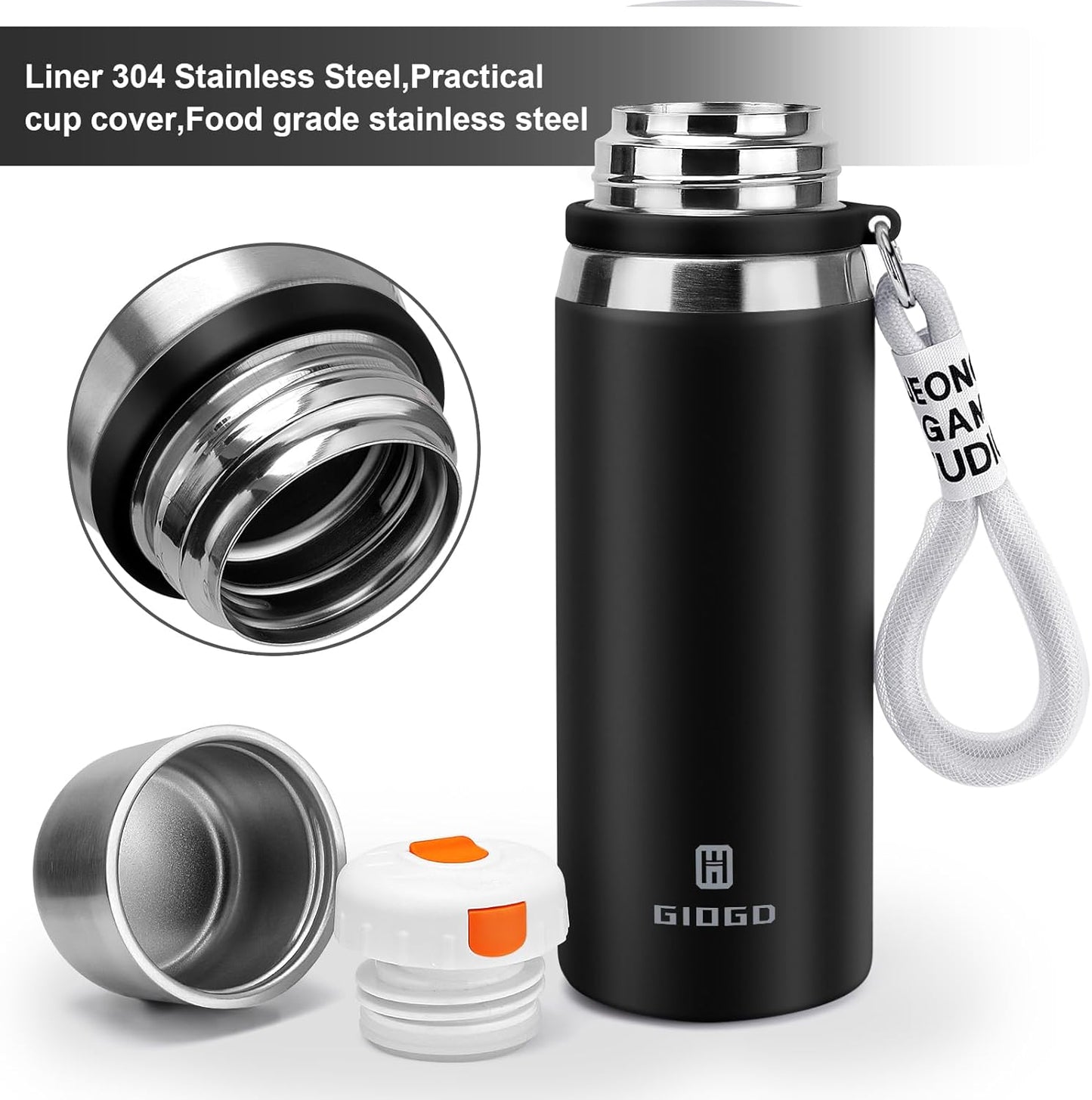 Stainless Steel thermo Bottles with cup 700ml/23.7oz Vacuum Insulated Bottle for hot and cold coffee drink water thermo flask with cup.(Black,700ml)