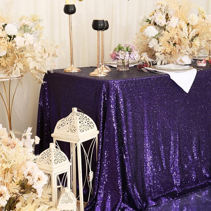 SquarePie Sequin Tablecloth 90 x 156 Inch Purple Sparkly Table Cloth for Wedding Halloween Party